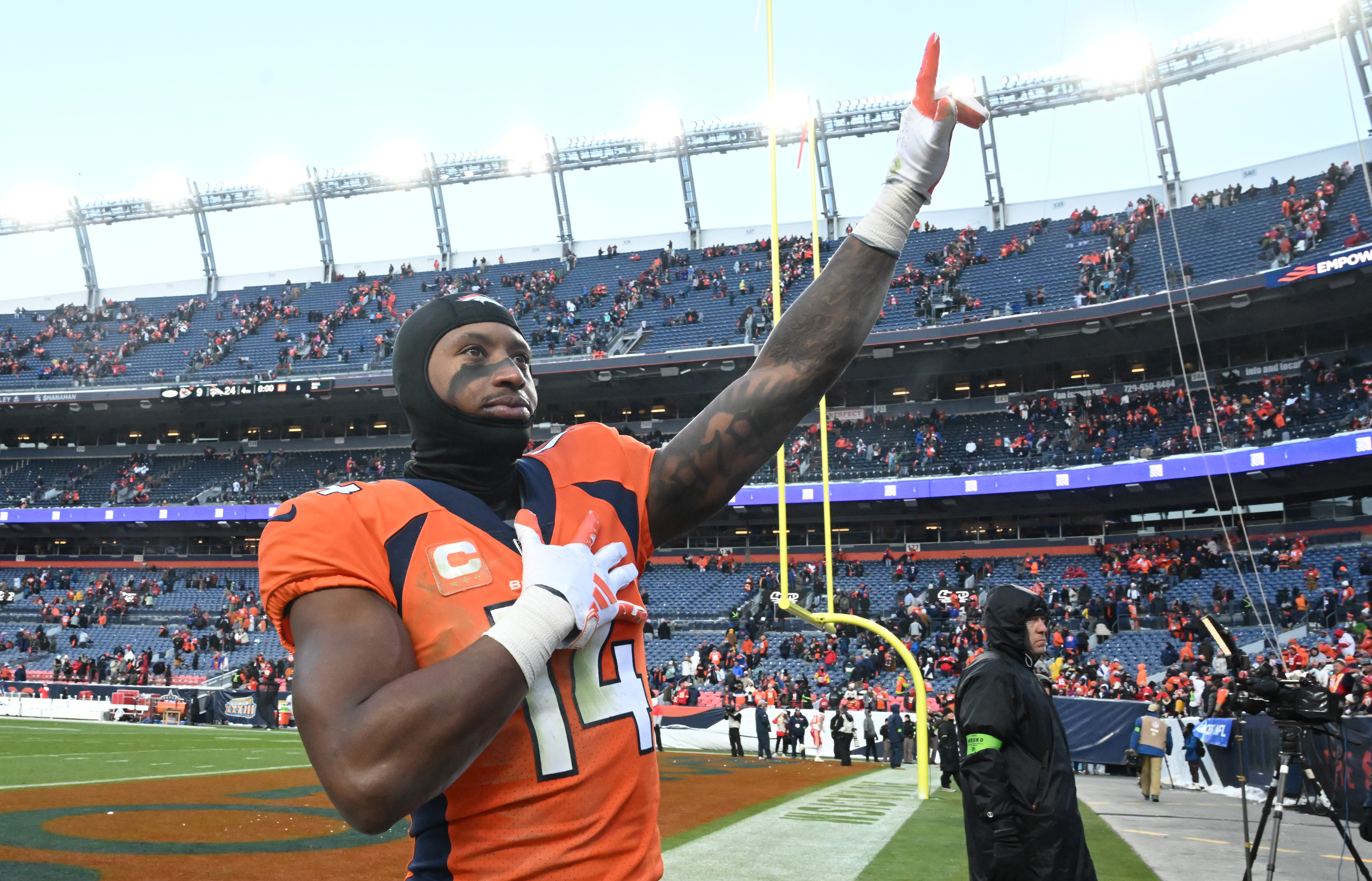 With trade rumors for Denver Broncos wide receiver Courtland Sutton (14), was he celebrating with the crowd or waving goodbye after the game? The Broncos beat the Chiefs 24-9 at Empower Field at Mile High on Sunday, Oct. 30, 2023. (Photo by Jerilee Bennett, The Gazette)