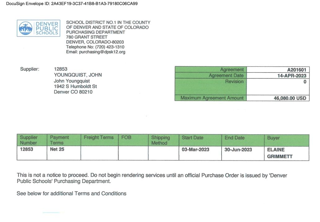 Screenshot of the $46,080 contract with John Youngquist, president of PrincipalEd Consulting, requested by Denver Public Schools Deputy Superintendent Tony Smith.