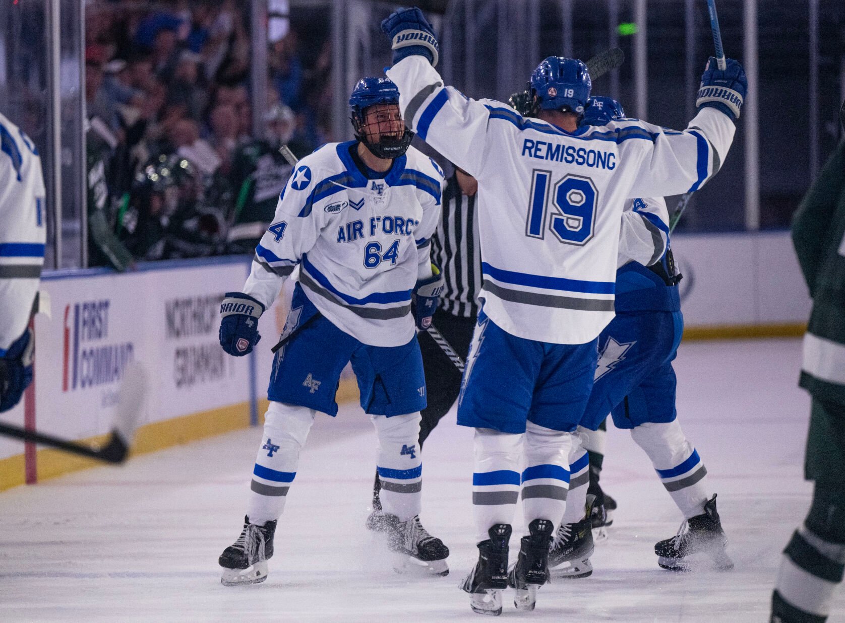 Air Force forward Brendan Gibbons (64) celebrates after scoring the first goal of his career as an Air Force Falcon in the second period of a game Thursday, Oct. 12, 2023, at the Cadet Ice Arena on the Air Force Academy in Colorado Springs, Colo. (Parker Seibold, The Gazette) (Parker Seibold)