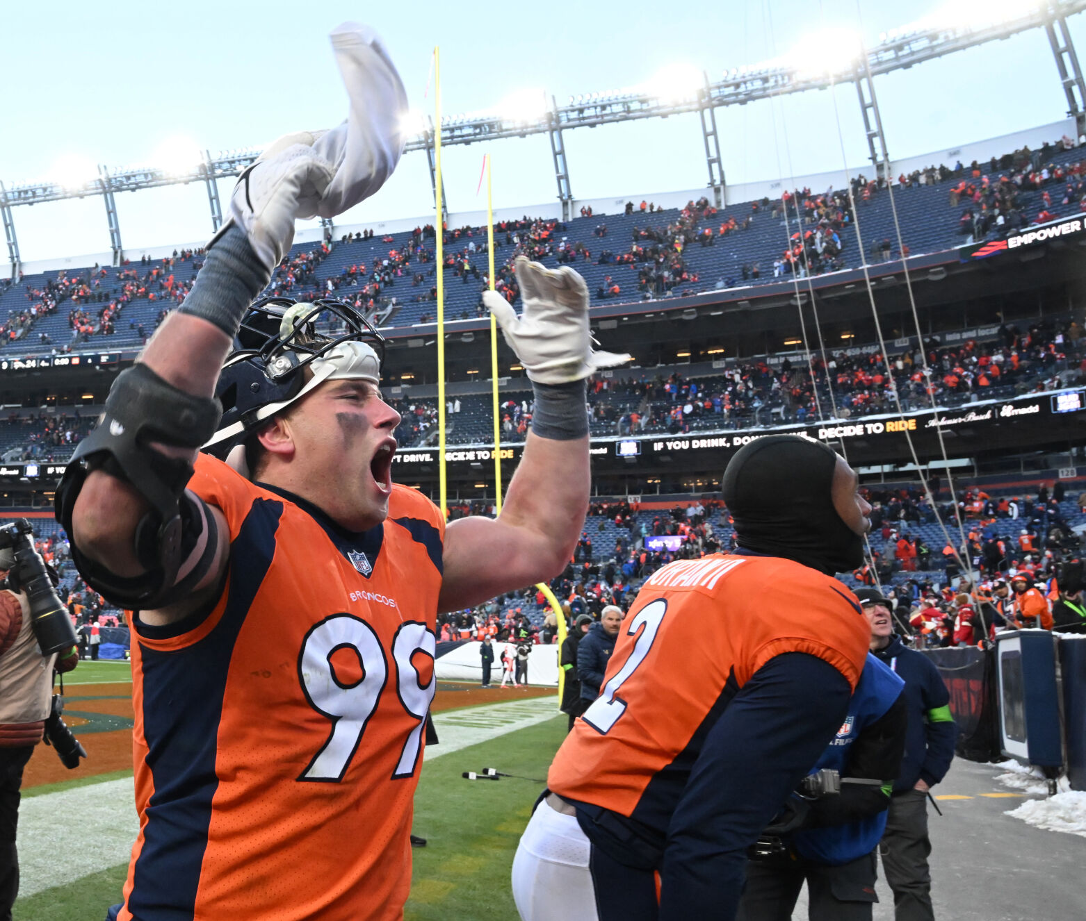 Denver Broncos defensive end Zach Allen (99) is all smiles after beating the Chiefs 24-9 at Empower Field at Mile High on Sunday, Oct. 30, 2023. (Photo by Jerilee Bennett, The Gazette)
