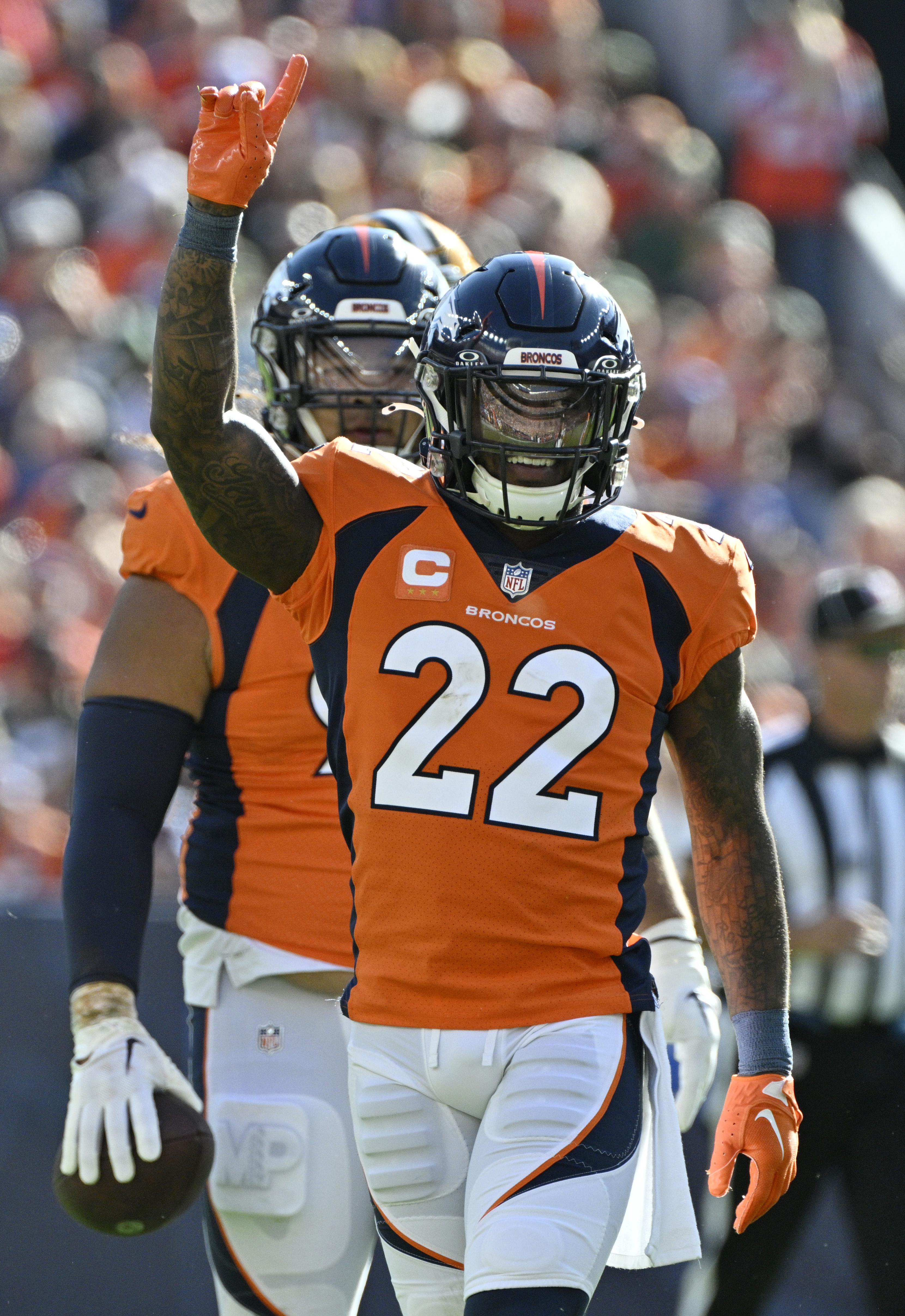 Denver Broncos safety Kareem Jackson (22) celebrates a play during a game at Empower Field at Mile High on Sunday, Oct. 22, 2023. (Photo by Jerilee Bennett, The Gazette)