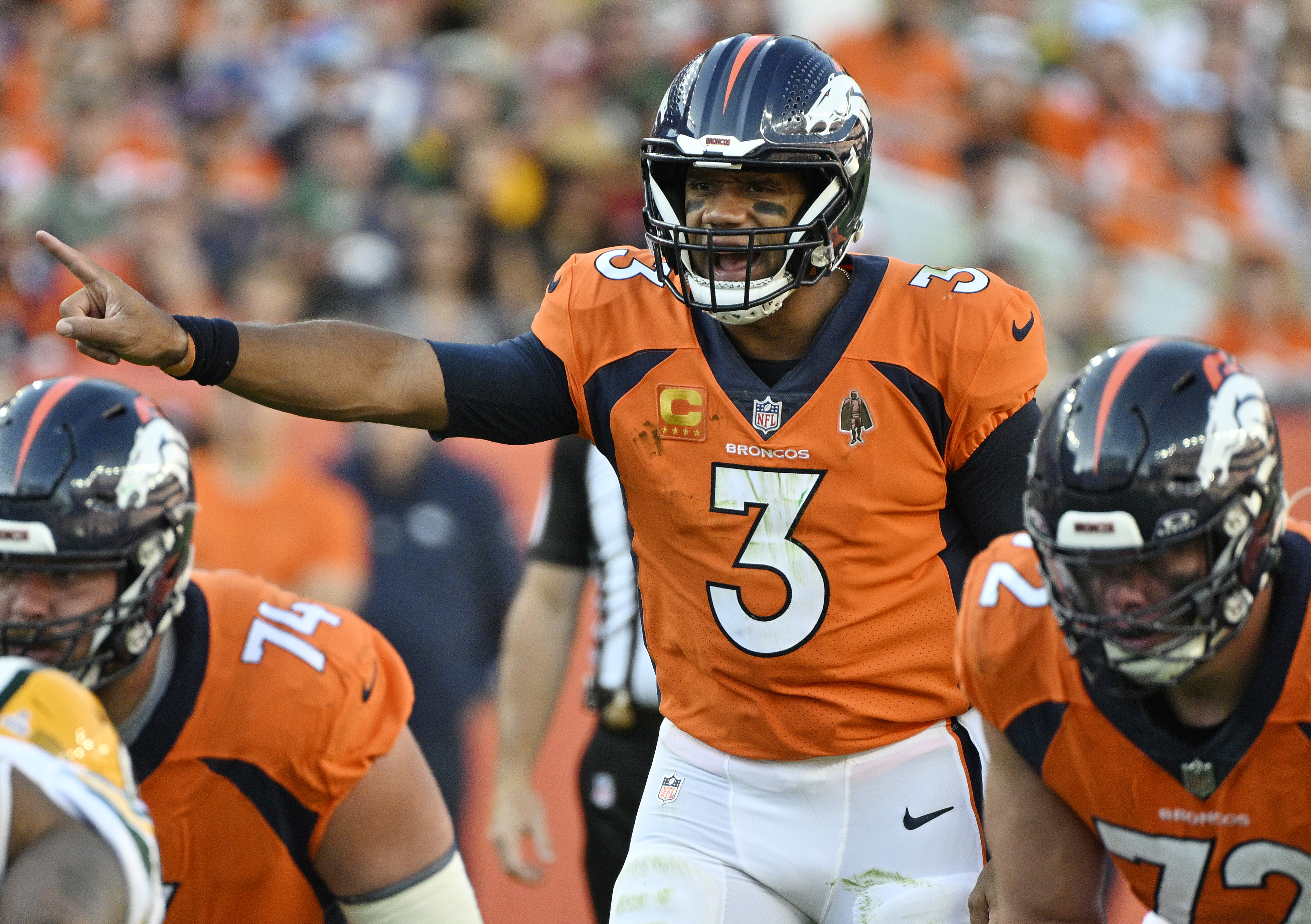 Denver Broncos quarterback Russell Wilson (3) gives commands during a game at Empower Field at Mile High on Sunday, Oct. 22, 2023. (Photo by Jerilee Bennett, The Gazette)