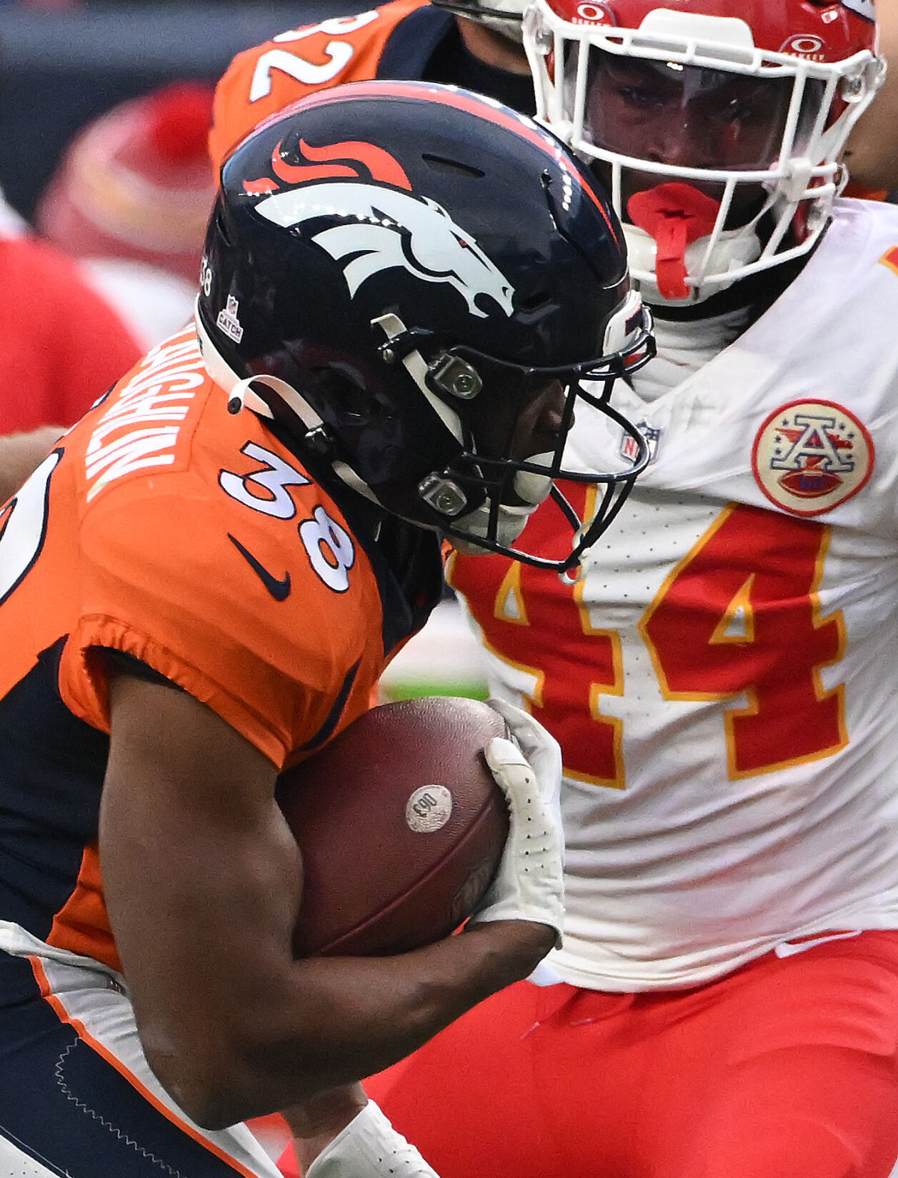 Denver Broncos running back Jaleel McLaughlin (38) carries the ball during a game at Empower Field at Mile High on Sunday, Oct. 30, 2023. The Broncos defeated the Chiefs 24-9. (Photo by Jerilee Bennett, The Gazette)