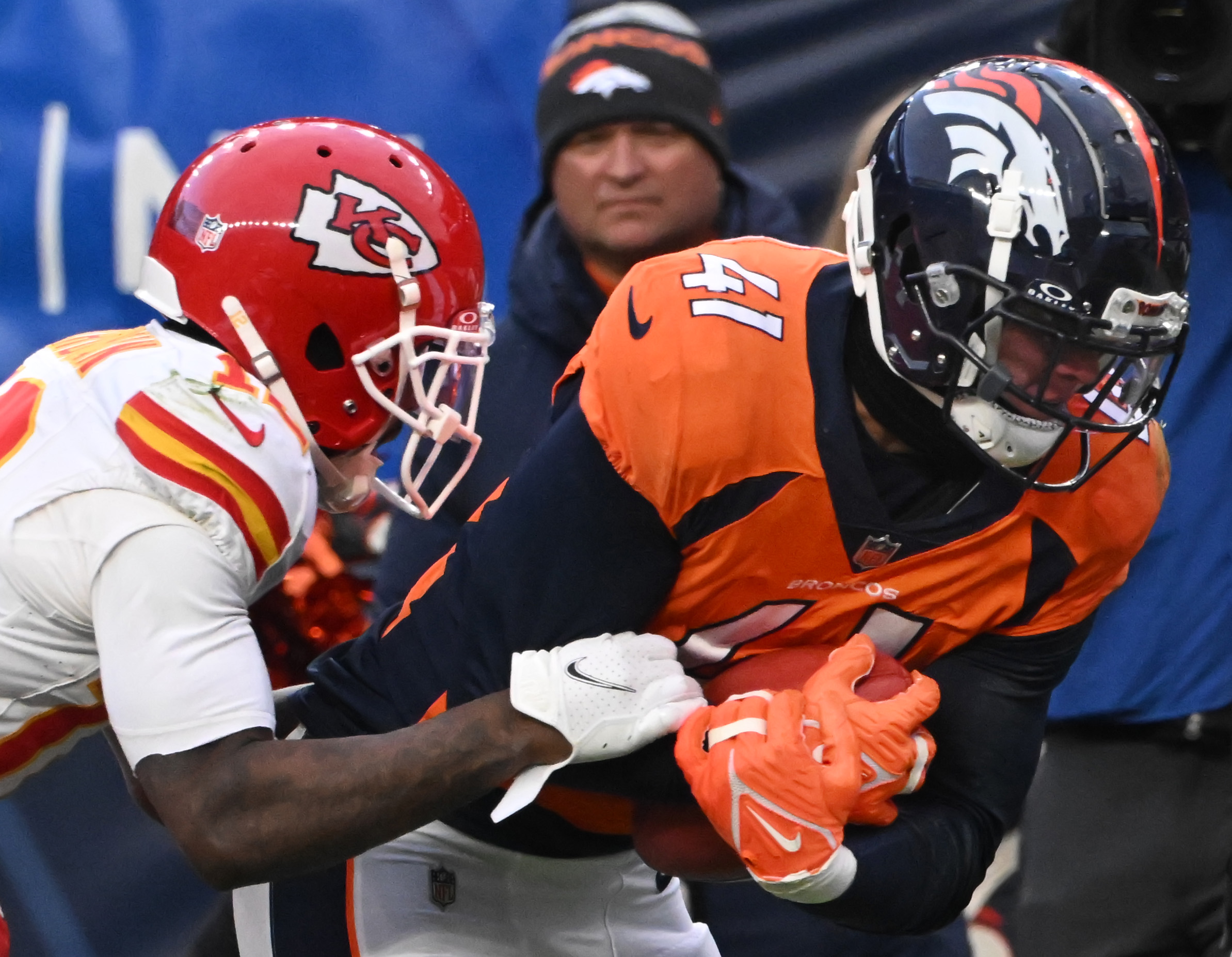 Denver Broncos linebacker Drew Sanders (41) recovers a muffed punt fumble during a game at Empower Field at Mile High on Sunday, Oct. 30, 2023. The Broncos defeated the Chiefs 24-9. (Photo by Jerilee Bennett, The Gazette)