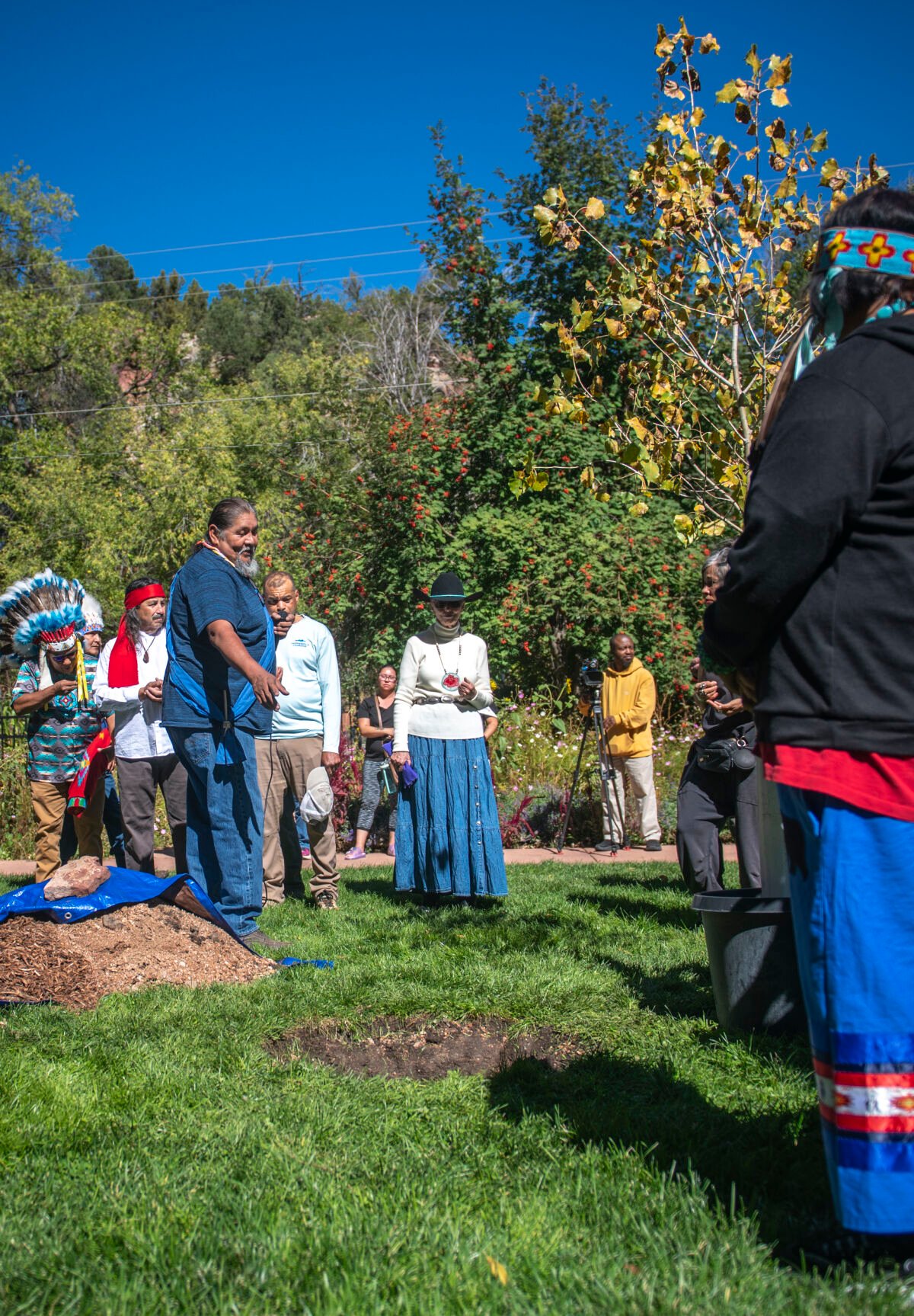 12 native nations gather on Ute land to plant a cottonwood ‘Peace Tree,’ in Mansions Park in Manitou Springs, Colo. on Sunday, Oct. 8, 2023. The ceremony was lead by Arrow Priest Joe David Osage and featured the Howell family of the White River Northern Ute tribe singing an honor song of their ancestors who lived on this land. (Gabi Broekema, The Gazette) (Gabi Broekema)