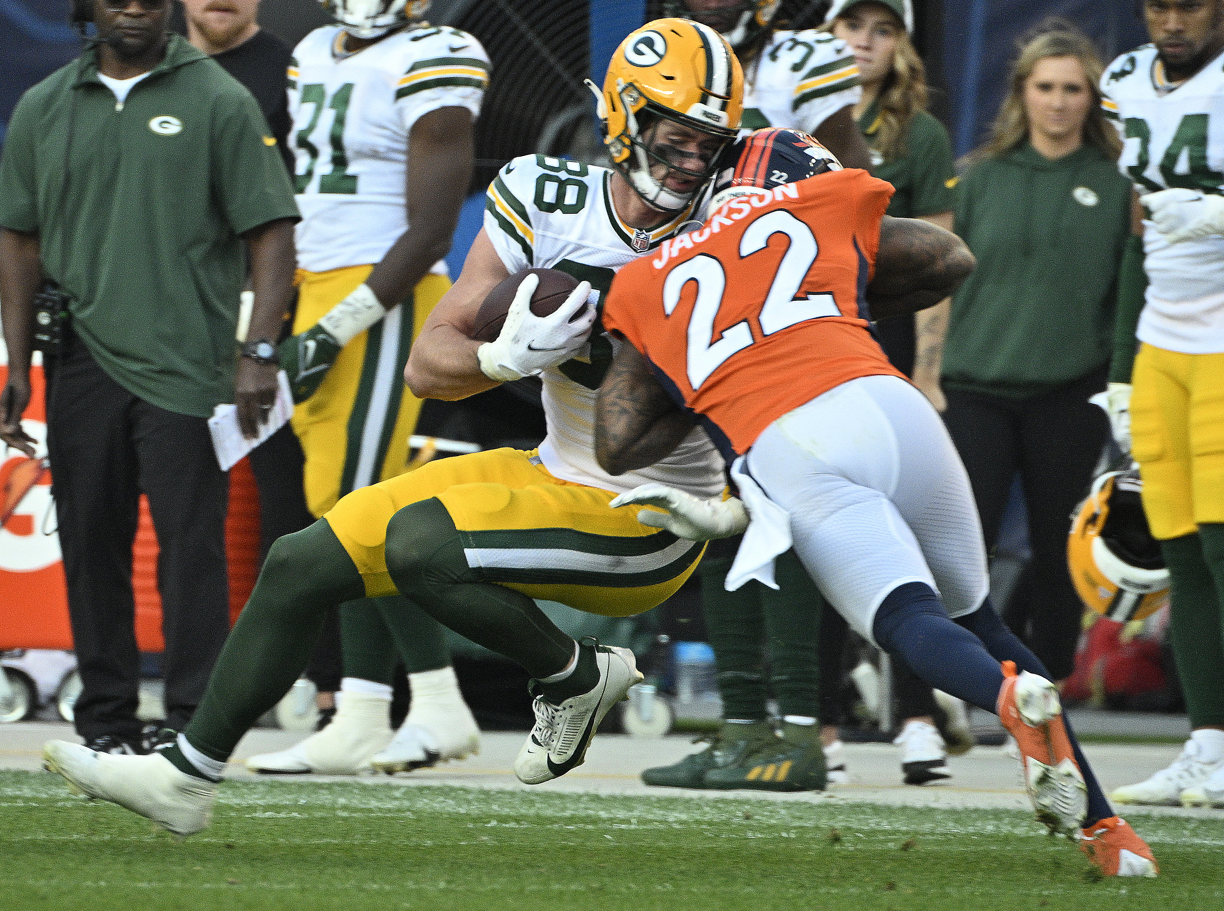 Broncos safety Kareem Jackson commits a personal foul against Packers tight end Luke Musgrave during the fourth quarter of a game at Empower Field at Mile High on Sunday. The Broncos won the game 19-17. (jerilee bennett, the gazette)