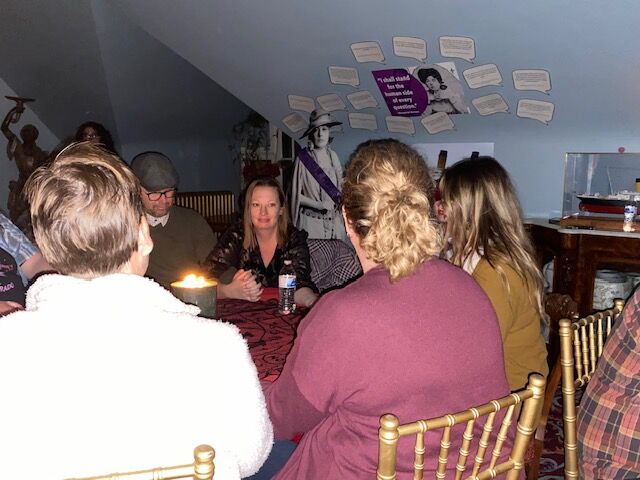 Margaret Brown appears to be an apparition standing over the left shoulder of Malissa Sparo, but it's actually a life-sized version of Molly created by the Molly Brown House and Museum. (CarolMcKinleyDenver Enterprise Reportercarol.mckinley@gazette.comhttps://denvergazette.com/content/tncms/avatars/5/c3/a0f/5c3a0fbe-1007-11ec-9e18-b7f42cfa4b0f.9565a0ce58866e86bcf18260621c2a46.png)