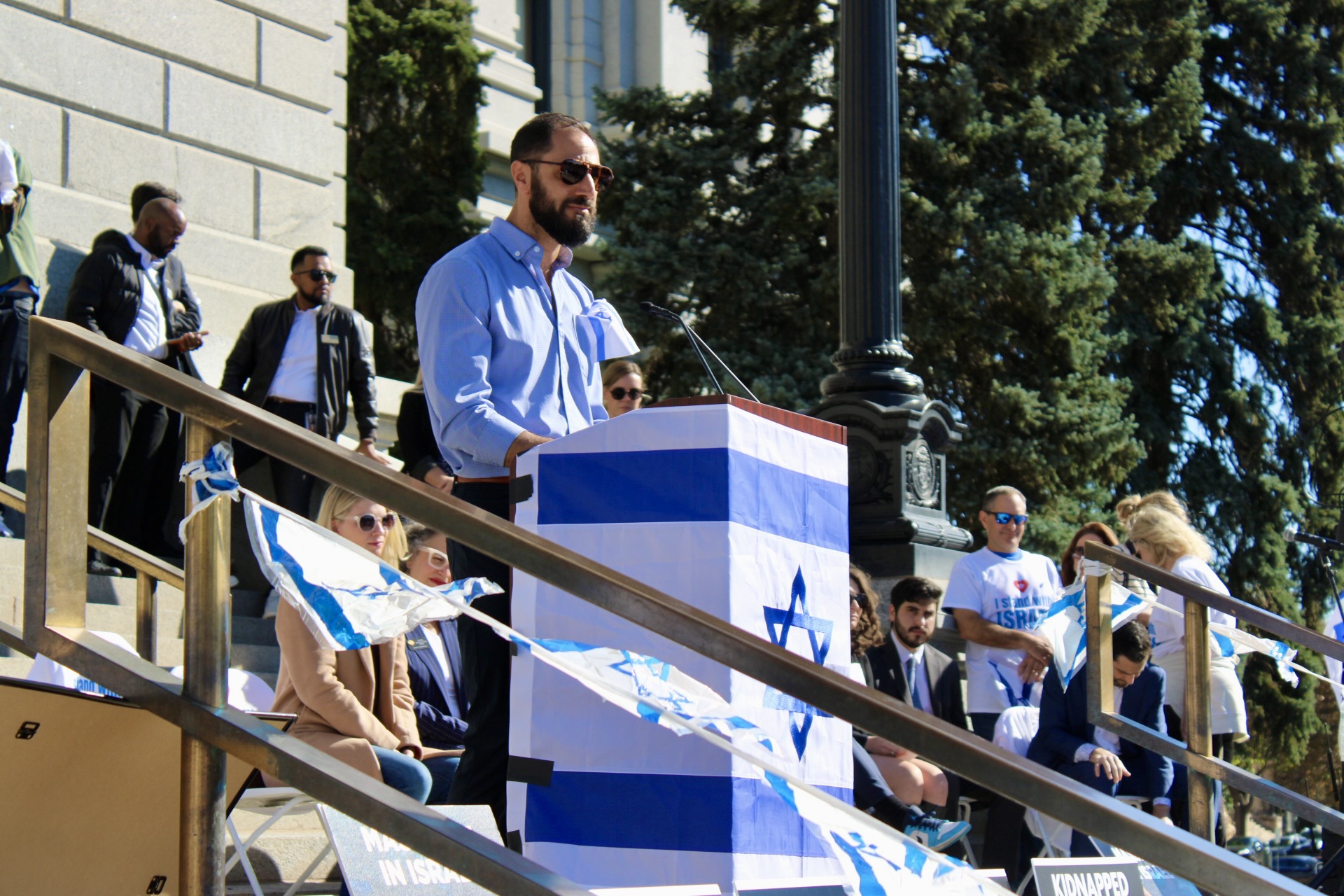 Israeli American Council councilmember Hezy Shalev speaking to a crowd of pro-Israel supporters during a rally outside the state capitol building on Sunday, Oct. 15. (Noah Festenstein/The Denver Gazette) (NoahFestensteinCity Government Reporternoah.festenstein@denvergazette.comhttps://denvergazette.com/content/tncms/avatars/9/f0/326/9f032698-379f-11ee-8053-8bacbed4931f.60984dba383441d9647e0e740a08a8e6.png)