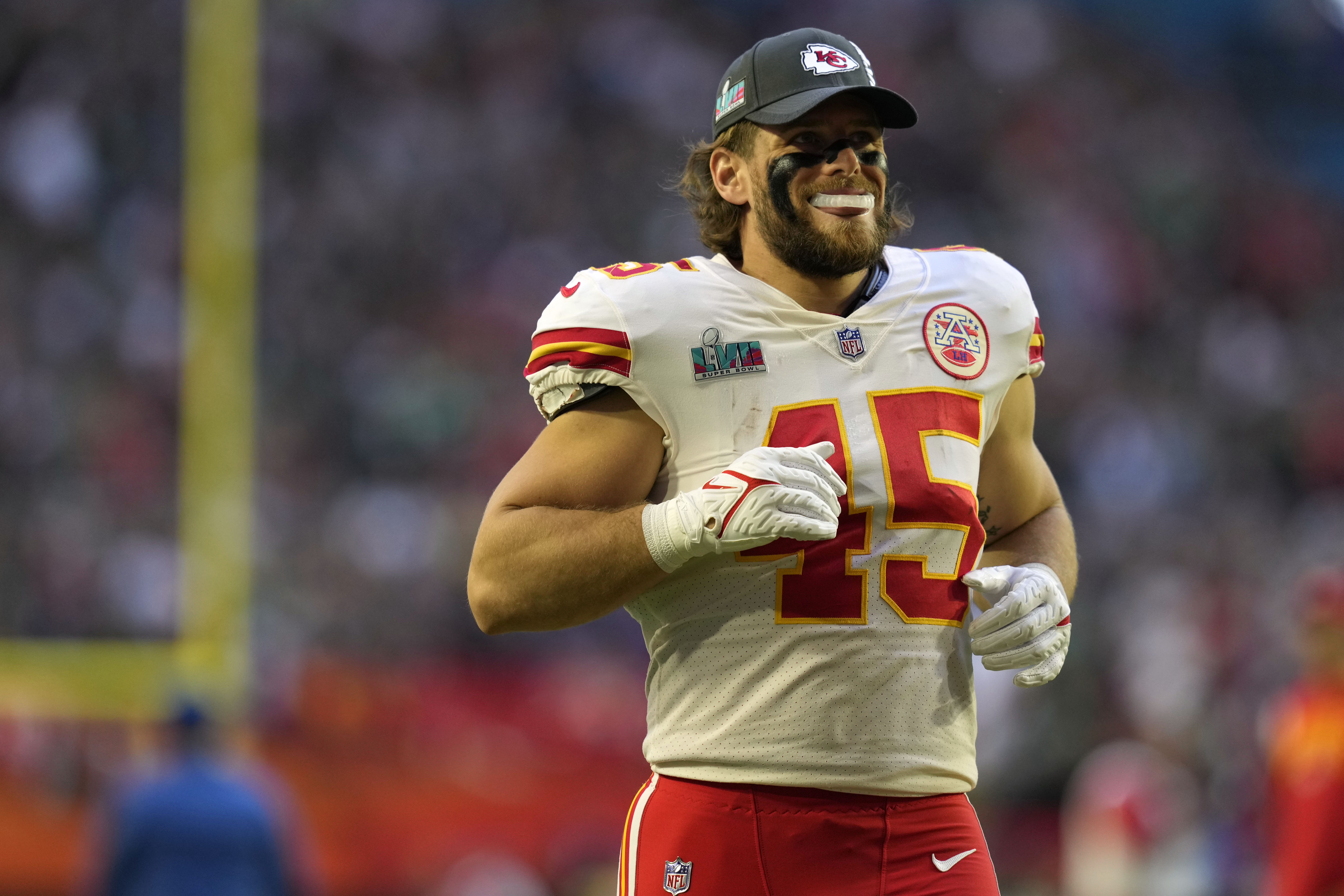 Kansas City Chiefs fullback Michael Burton (45) runs out onto the field before the NFL Super Bowl 57 football game against the Philadelphia Eagles, Sunday, Feb. 12, 2023, in Glendale, Ariz. The Kansas City Chiefs defeated the Philadelphia Eagles 38-35. (AP Photo/Steve Luciano) (Steve Luciano)
