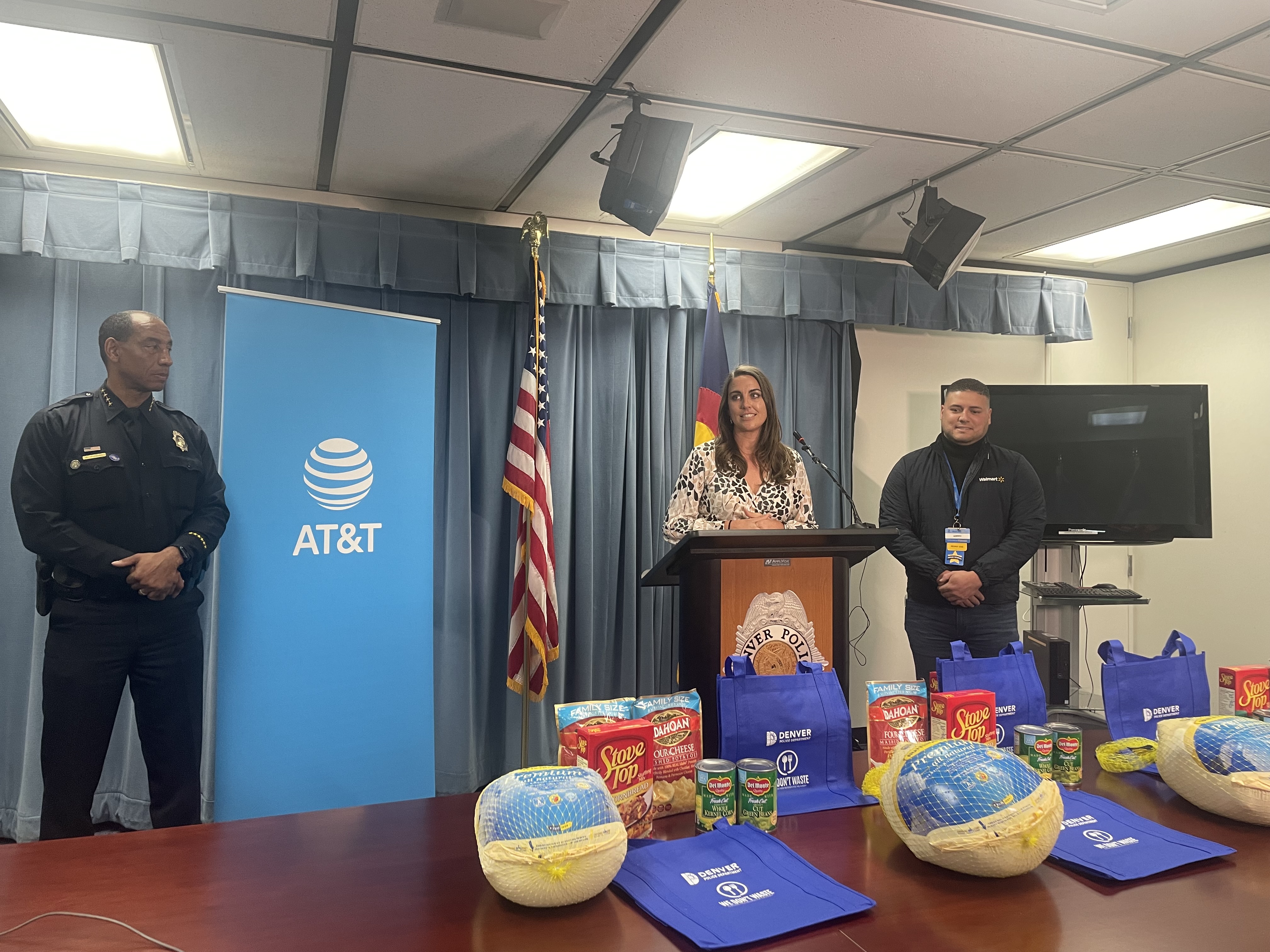 Megan Pletcher, executive director of the Denver Police Foundation, talks about the organization's initiative to distribute 1,000 Thanksgiving meals to families in need in 2023 at a news conference on Nov. 9. The Denver Police Department identifies families and partners with the foundation each year for the initiative. (Julia Cardi/The Denver Gazette)