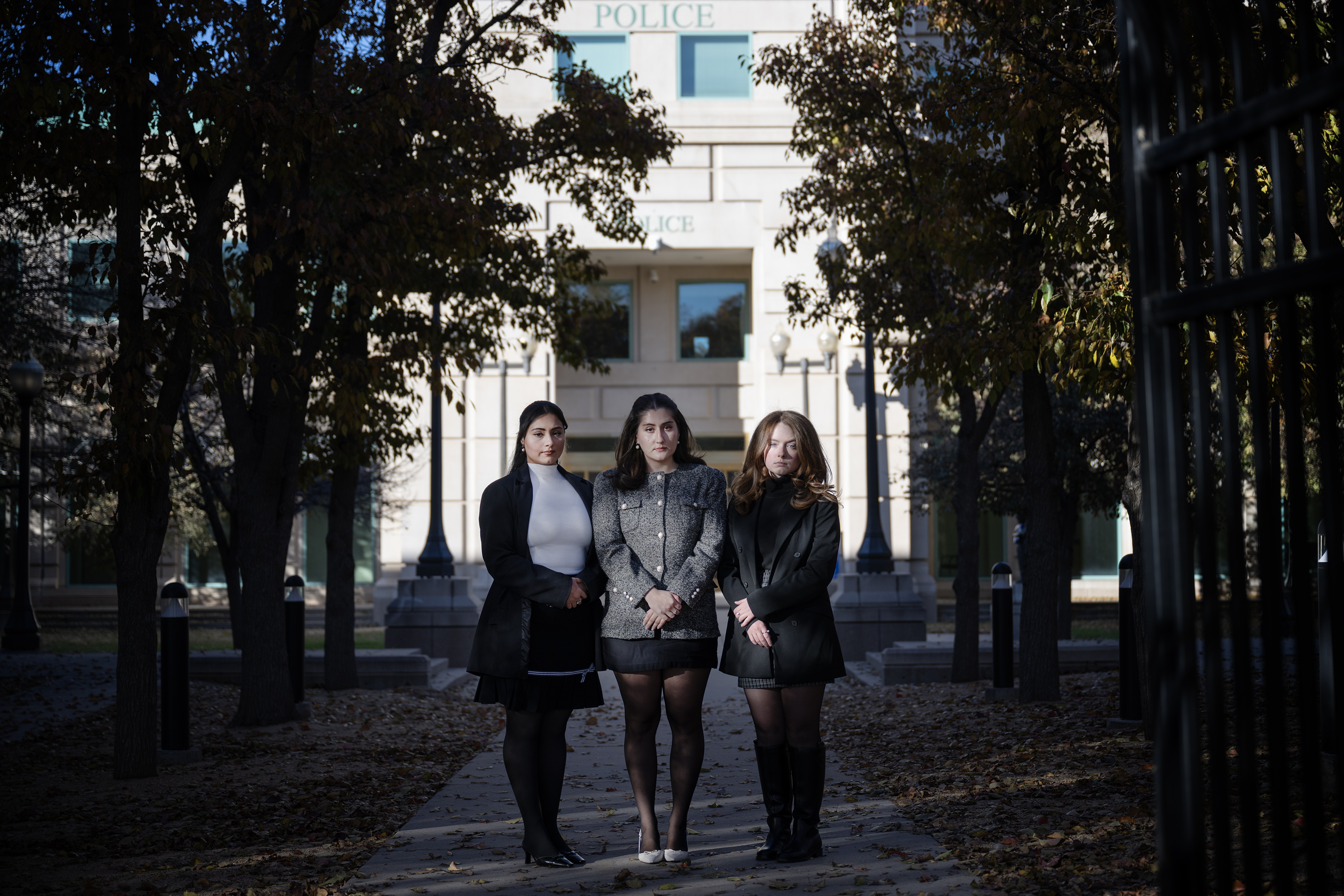 Former Aurora Police Explorers program participants, from left, Rupjot Nagra, Teona Mirceska and Kaitlyn Rooney stand for a portrait in the courtyard outside the Aurora Police Department Headquarters on Friday, Nov. 10, 2023, in Aurora, Colo. (Timothy Hurst/Denver Gazette) (TimHursttim.hurst@gazette.comhttps://secure.gravatar.com/avatar/aca82bd62b4ee425c598527cd6faa1b1?d=mm&r=g)