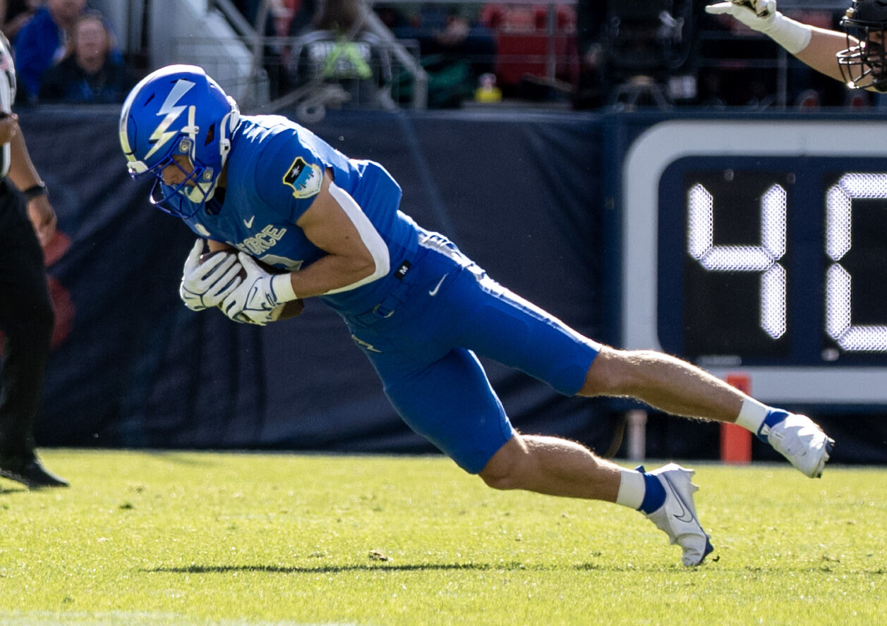 Air Force Falcons wide receiver Brandon Engel (2) catches the ball in the first half of an NCAA college football game against the Army Black Knights on Saturday, Nov. 4, 2023, at Empower Field at Mile High in Denver, Colo. (Parker Seibold, The Gazette) (Parker Seibold)