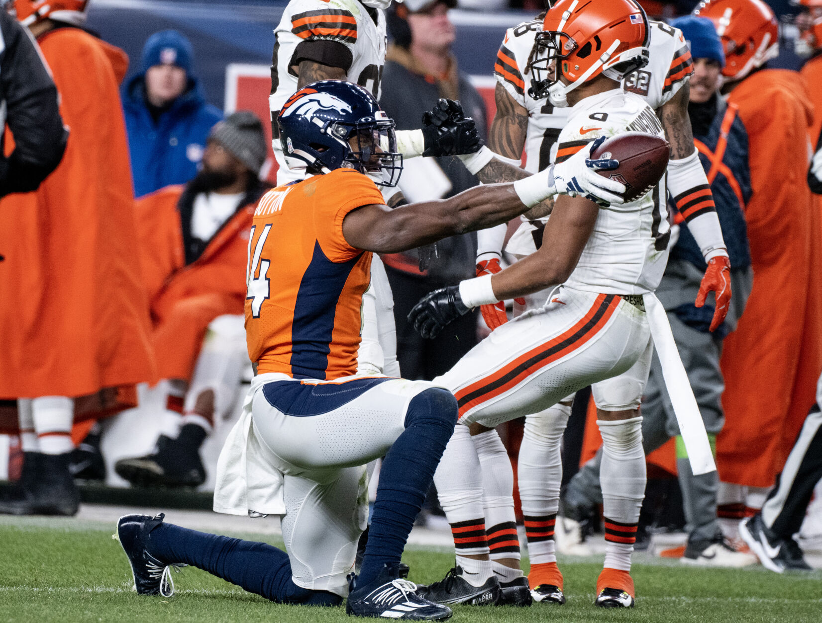 Denver Broncos wide receiver Courtland Sutton (14) kneels and points in celebration after a first down in the second half of a game on Sunday, Nov. 26, 2023, at Empower Field at Mile High in Denver, Colo. (Parker Seibold, The Gazette) (Parker Seibold)