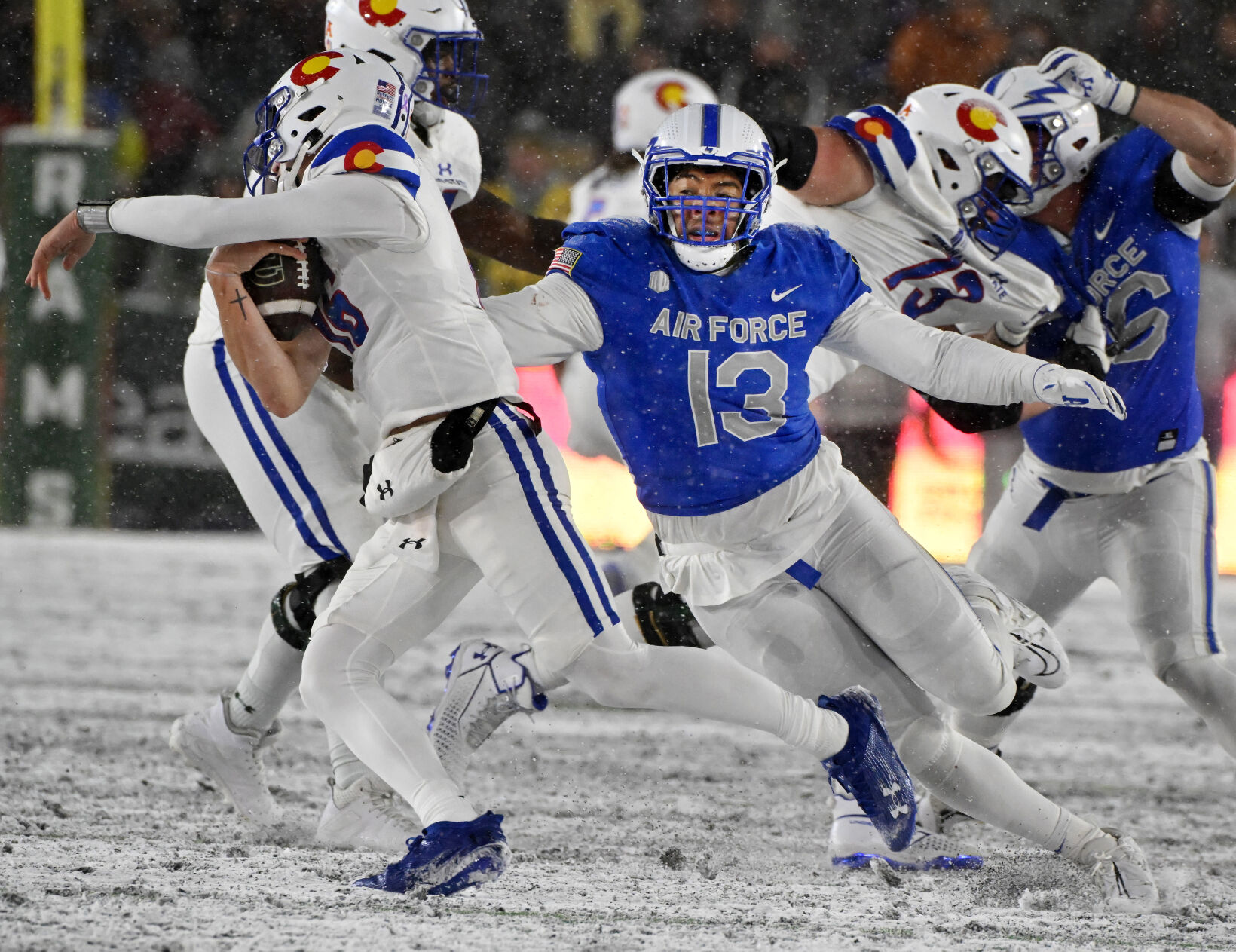 Air Force Falcons linebacker PJ Ramsey goes after Colorado State Rams quarterback Brayden Fowler-Nicolosi (16) during a game at CSU on Saturday, Oct. 28, 2023. (Photo by Jerilee Bennett, The Gazette)