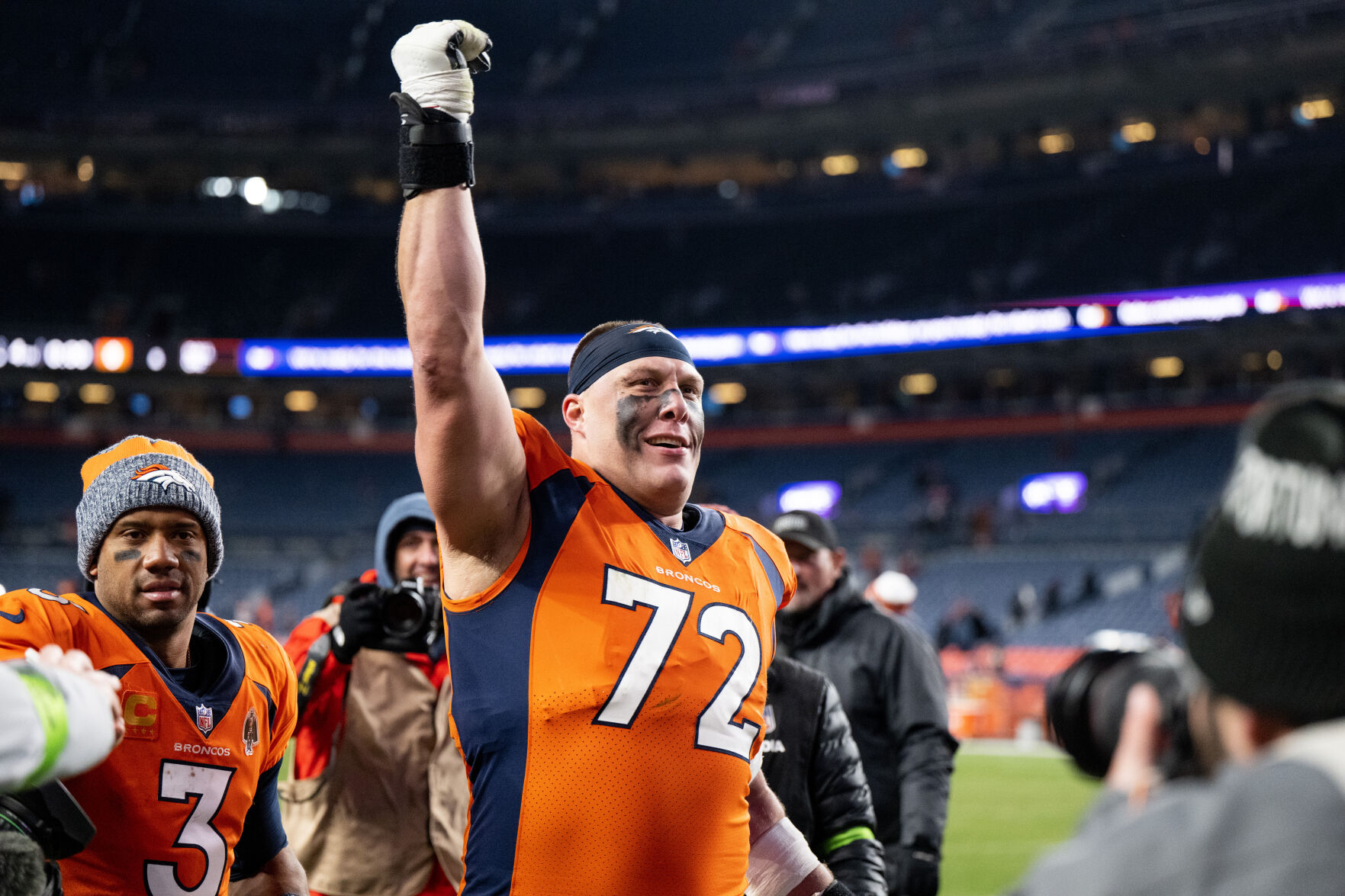 Denver Broncos offensive tackle Garett Bolles (72) gives a celebratory cheer as he exits the field following the Broncos’ win over the Cleveland Browns on Sunday, Nov. 26, 2023, at Empower Field at Mile High in Denver, Colo. (Parker Seibold, The Gazette) (Parker Seibold)