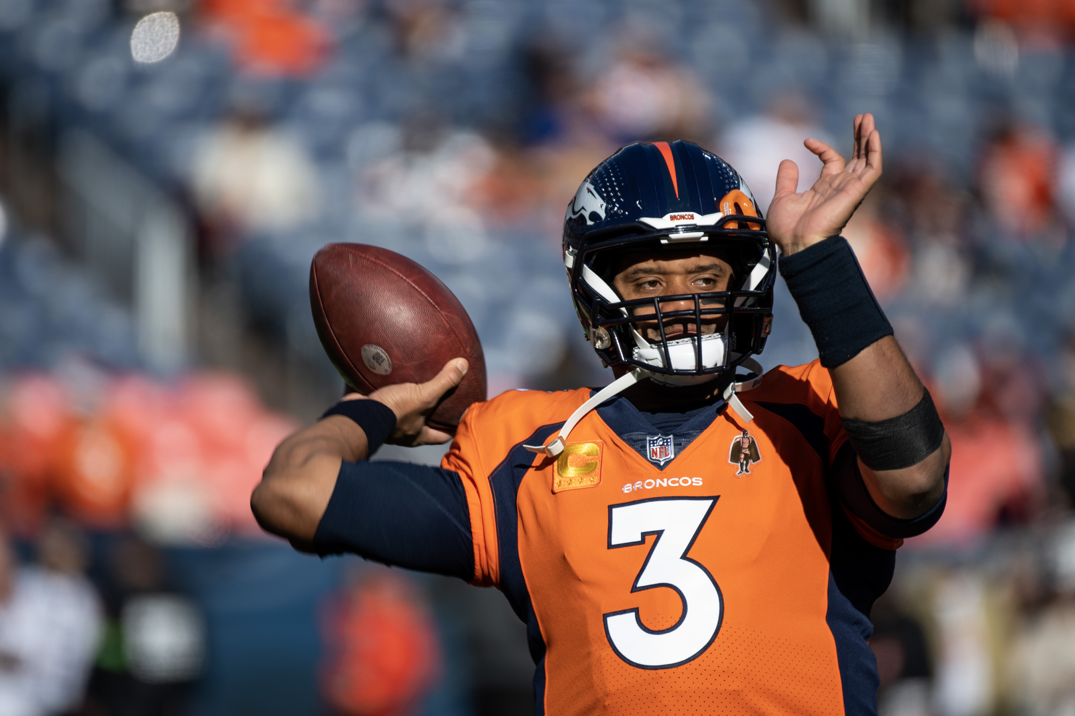 Denver Broncos quarterback Russell Wilson (3) warms up before a game on Sunday, Nov. 26, 2023, at Empower Field at Mile High in Denver, Colo. (Parker Seibold, The Gazette) (Parker Seibold)