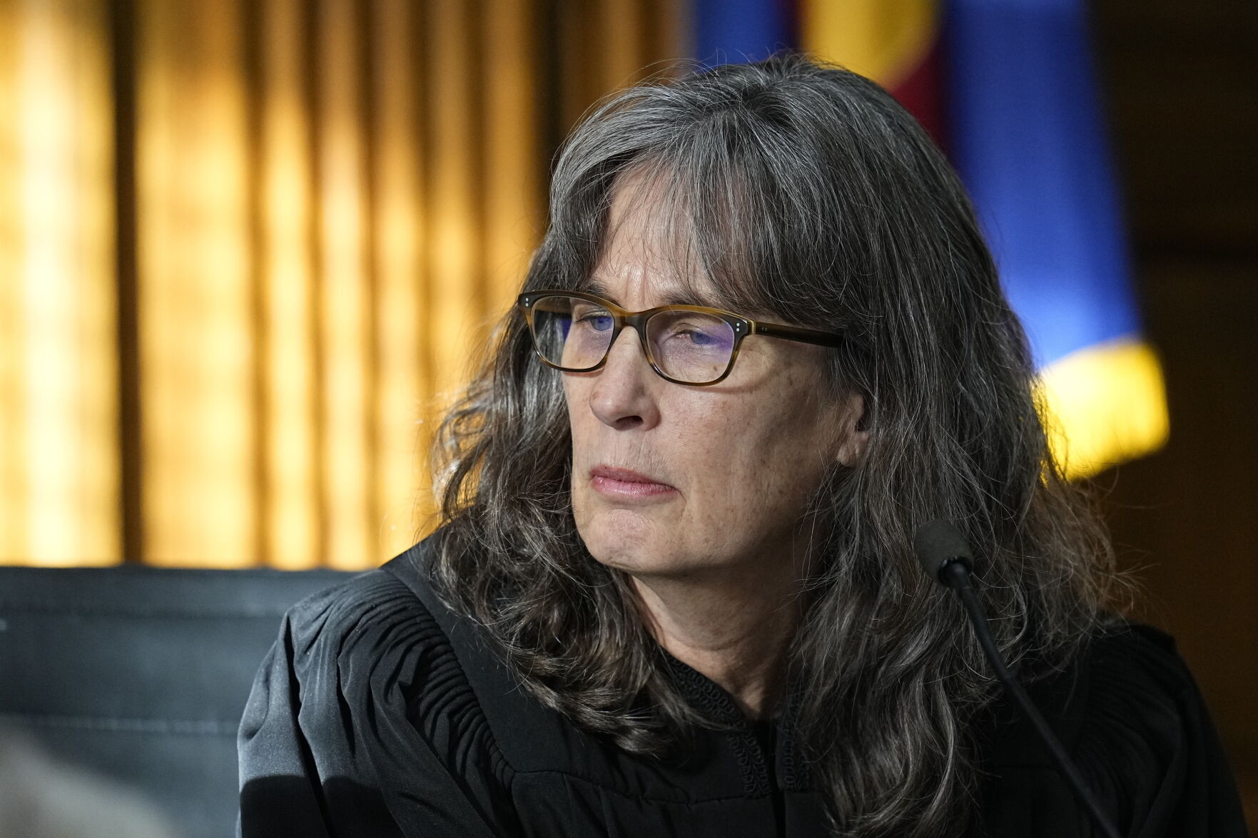 Judge Sarah B Wallace presides over a hearing for a lawsuit to keep former President Donald Trump off the state ballot, Monday in Denver. (jack dempsey, pool via the associated press)