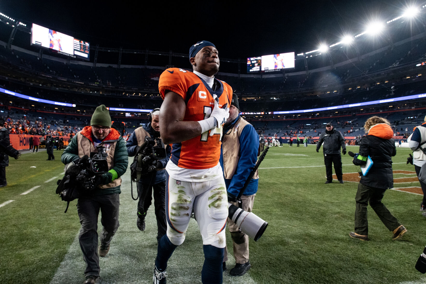 Denver Broncos wide receiver Courtland Sutton (14) exits the field after the Broncos’ win over the Cleveland Browns on Sunday, Nov. 26, 2023, at Empower Field at Mile High in Denver, Colo. (Parker Seibold, The Gazette) (Parker Seibold)