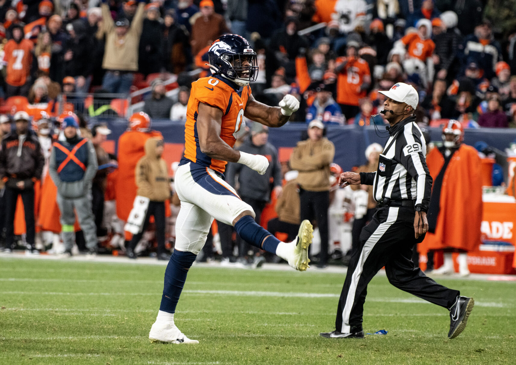 Denver Broncos linebacker Jonathon Cooper (0) reacts after he didn’t gain control of a ball fumbled by the Cleveland Browns in the second half of a game on Sunday, Nov. 26, 2023, at Empower Field at Mile High in Denver, Colo. (Parker Seibold, The Gazette) (Parker Seibold)
