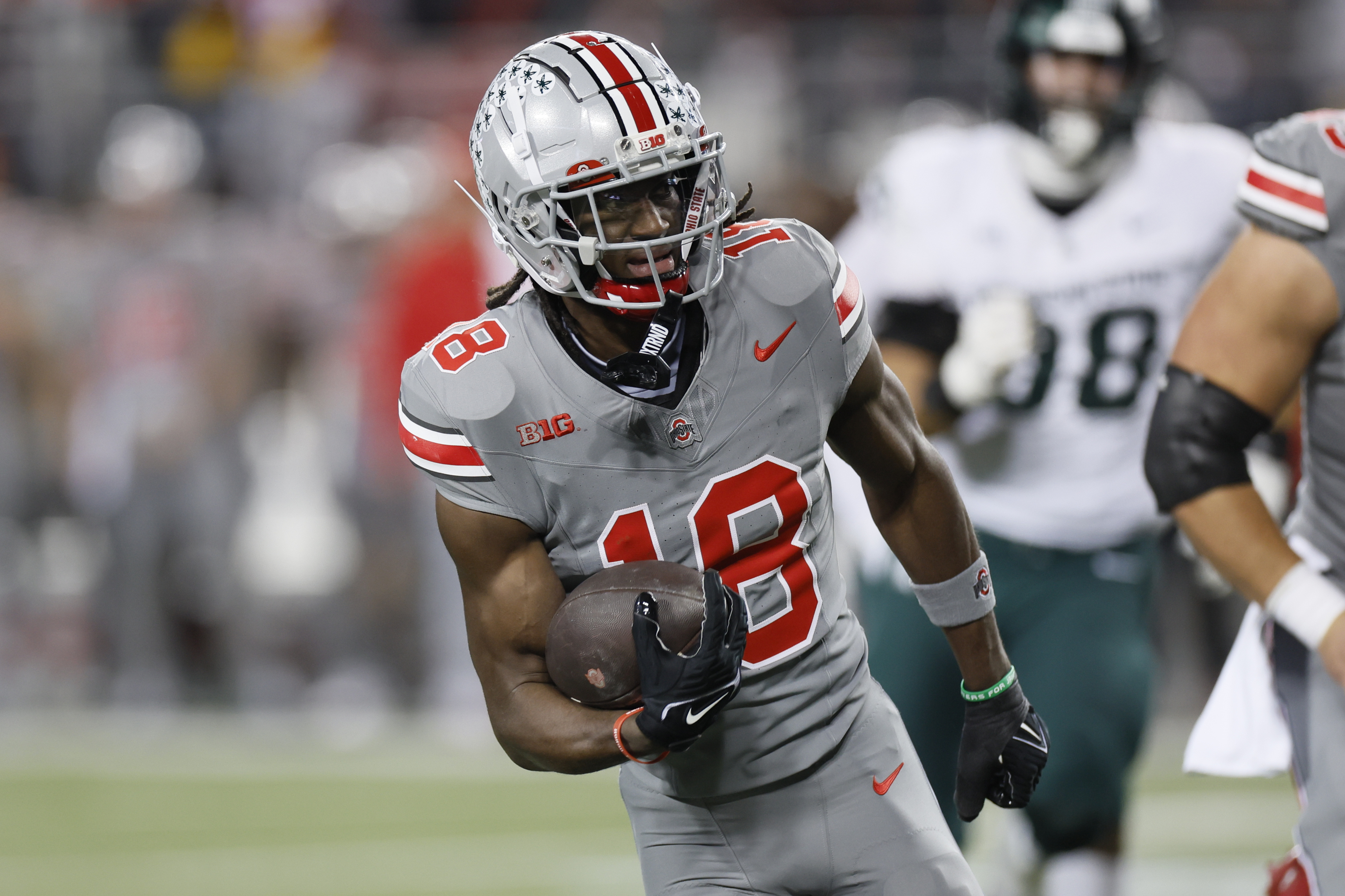 Ohio State receiver Marvin Harrison plays against Michigan State during an NCAA college football game Saturday, Nov. 11, 2023, in Columbus, Ohio. (AP Photo/Jay LaPrete) (Jay LaPrete)