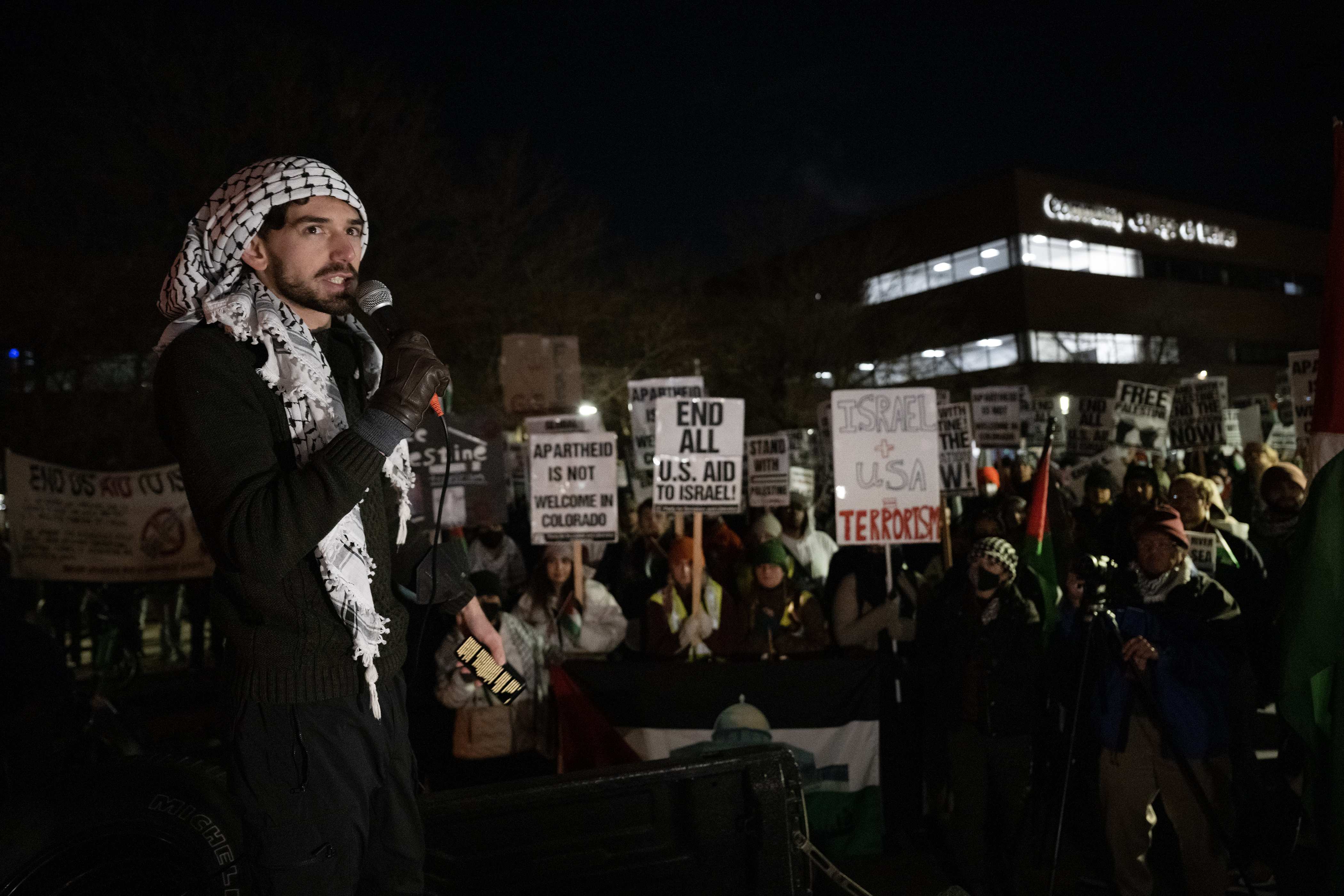 Omar, no last name given, with the Colorado Palestine Coalition, speaks to protestors during a protest to disrupt the Jewish National Fund-USA’s Global Conference for Israel’s Opening Plenary on Thursday, November 30, 2023, at the Auraria Campus in Denver, Colo. (Timothy Hurst/Denver Gazette) (TimHursttim.hurst@gazette.comhttps://secure.gravatar.com/avatar/aca82bd62b4ee425c598527cd6faa1b1?d=mm&r=g)