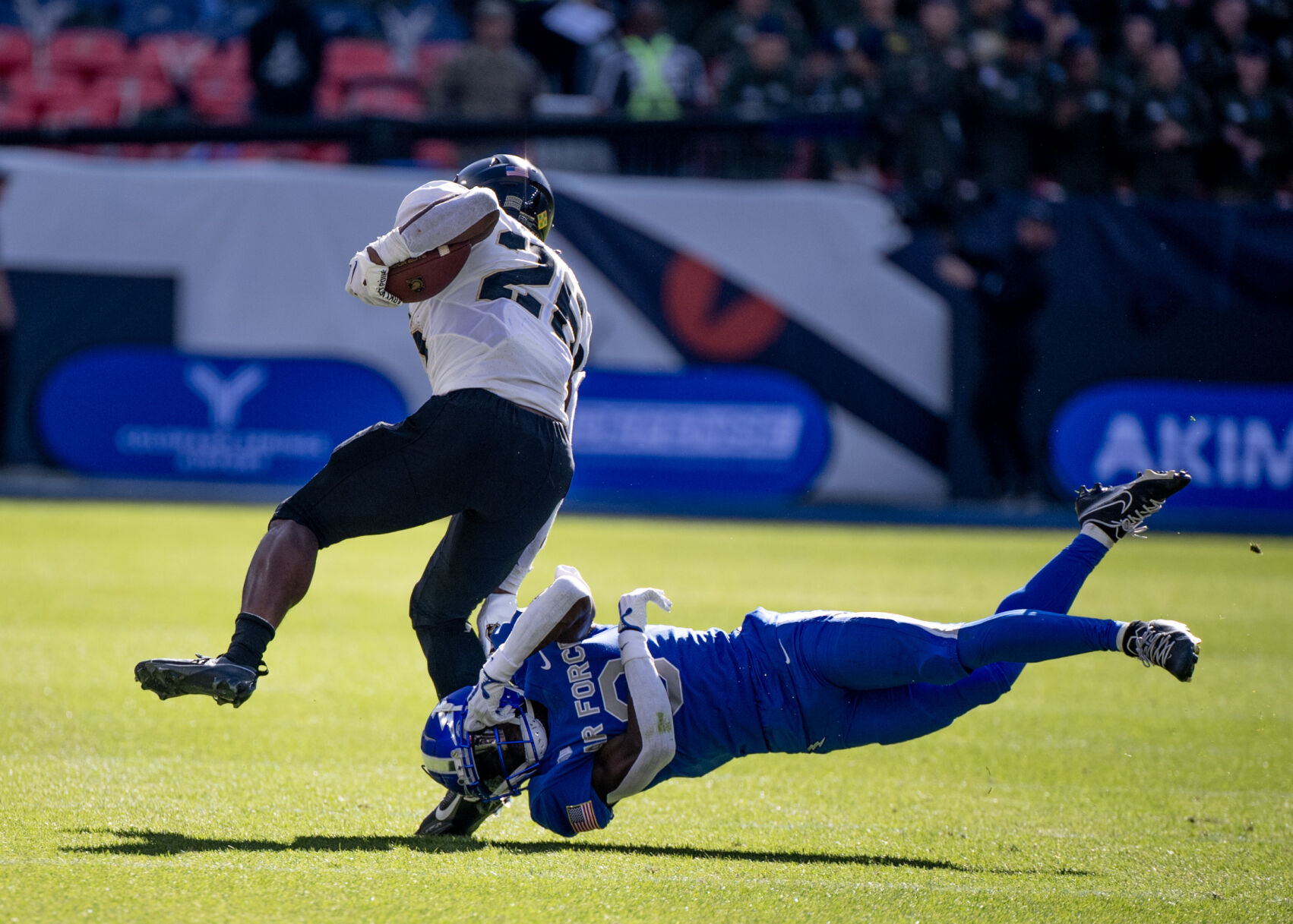 Air Force Falcons defensive back Trey Williams (0) narrowly misses a tackle in the first half of an NCAA college football game on Saturday, Nov. 4, 2023, at Empower Field at Mile High in Denver, Colo. (Parker Seibold, The Gazette) (Parker Seibold)
