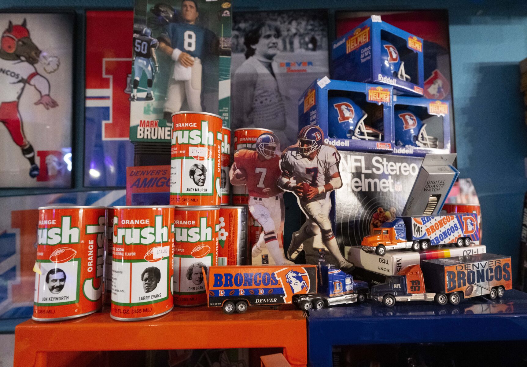 Denver Broncos souvenirs from the ‘70s and ‘80s fill a locker at the Fifty-Two 80s store Wednesday, Nov. 8, 2023, in Denver. (Christian Murdock/The Gazette)