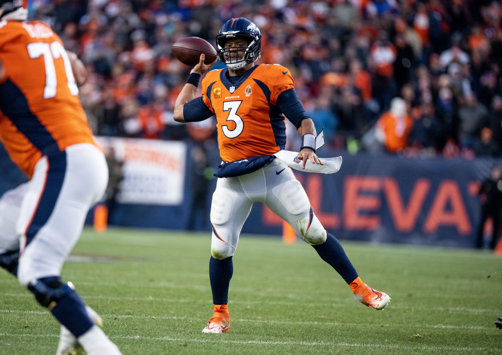 Denver Broncos quarterback Russell Wilson (3) throws the ball in the second half of a game on Sunday, Nov. 26, 2023, at Empower Field at Mile High in Denver, Colo. (Parker Seibold, The Gazette) (Parker Seibold)