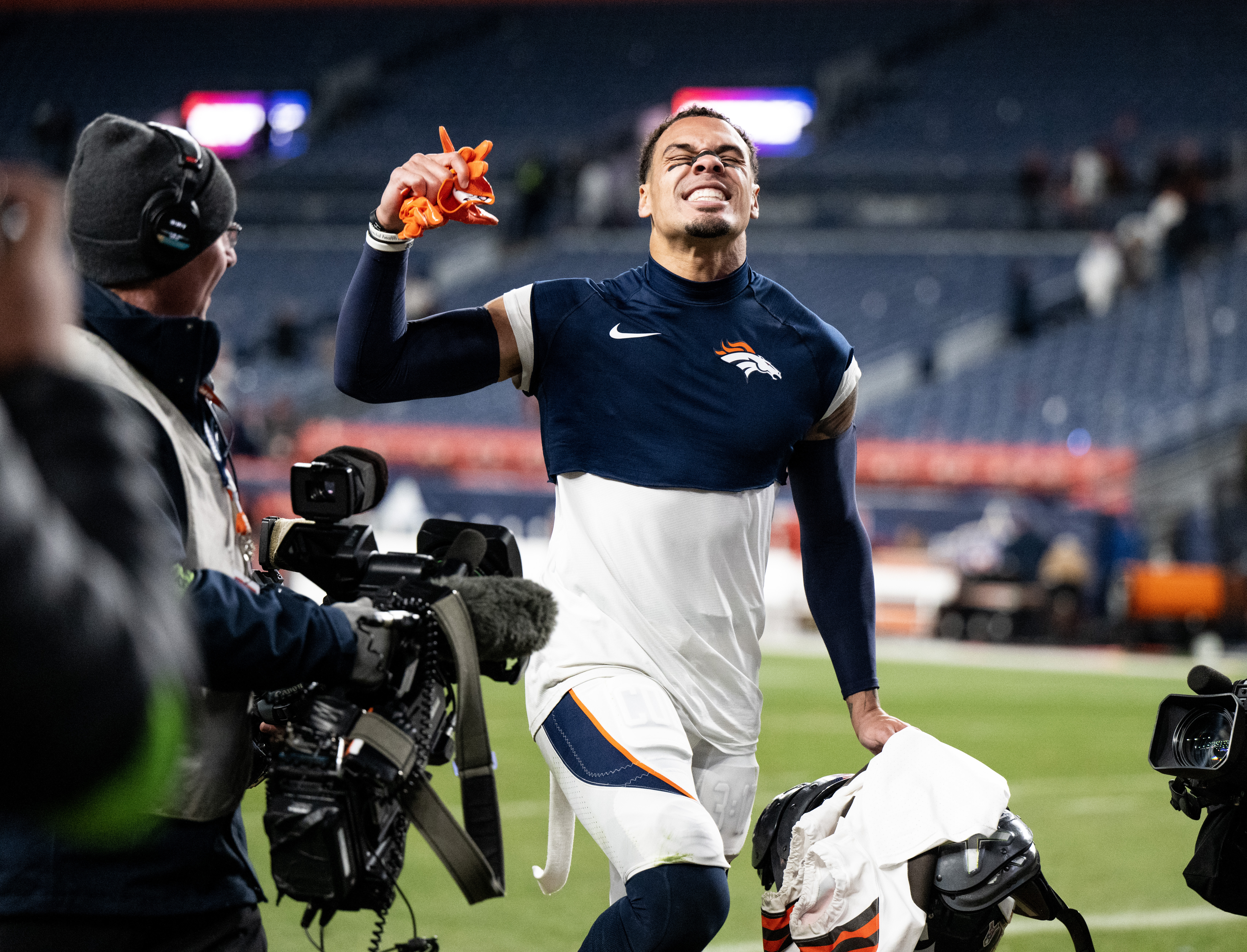 Denver Broncos safety Justin Simmons (31) cheers as he leaves the field after the Broncos win over the Cleveland Browns on Sunday, Nov. 26, 2023, at Empower Field at Mile High in Denver, Colo. The Broncos are now on a five-game winning streak. (Parker Seibold, The Gazette) (Parker Seibold)