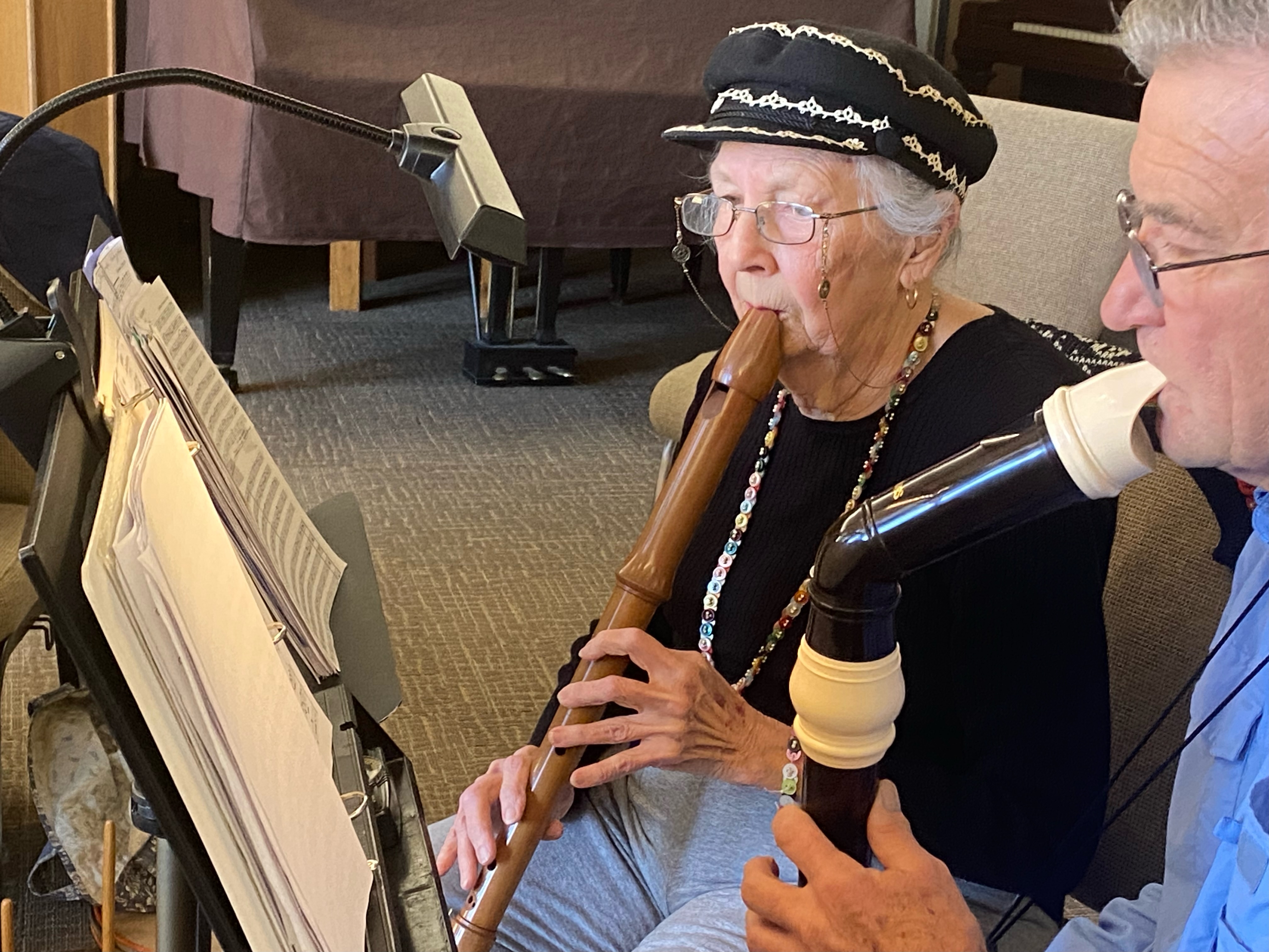 Sally Collins rocks her recorder at Arvada United Methodist Church. The recorder group she plays with every Friday has been playing for 36 years. (Carol McKInley)