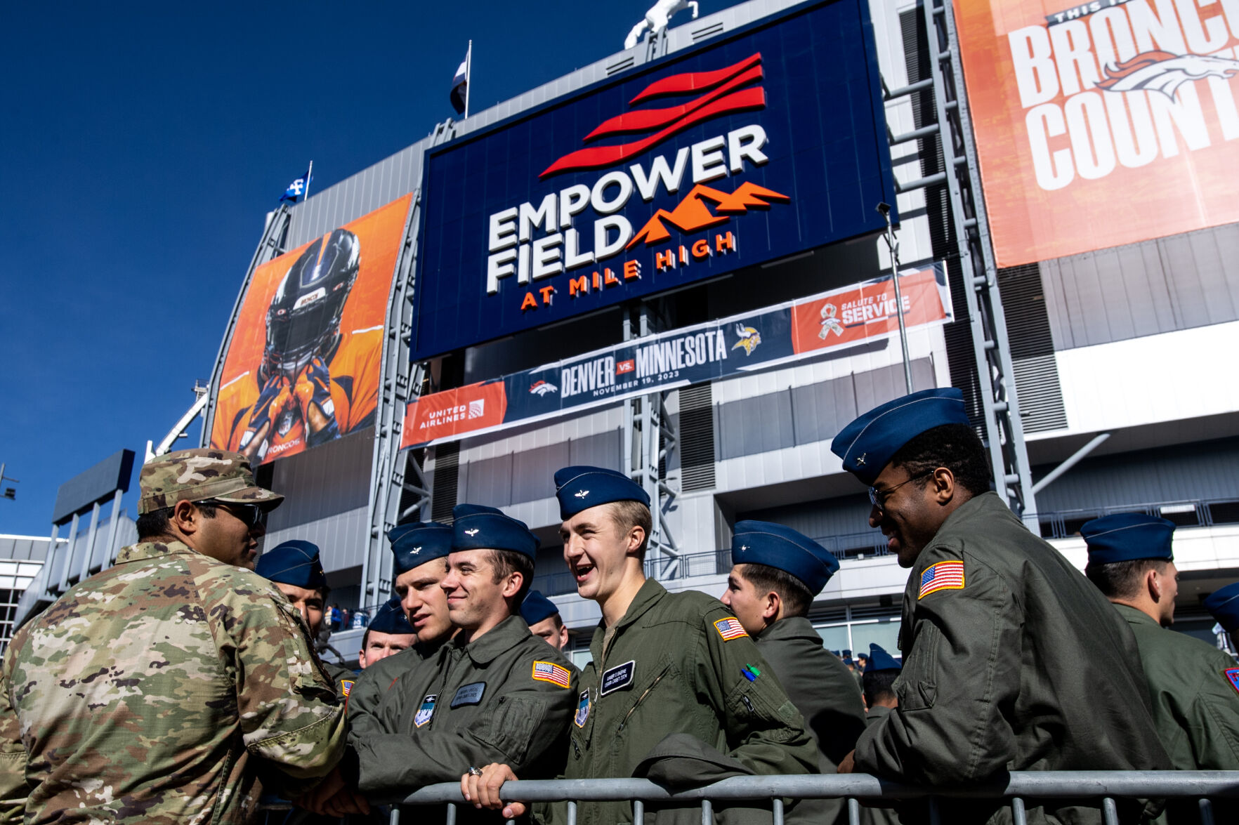 Air Force cadets wait outside before an NCAA college football game on Saturday, Nov. 4, 2023, at Empower Field at Mile High in Denver, Colo. (Parker Seibold, The Gazette) (Parker Seibold)
