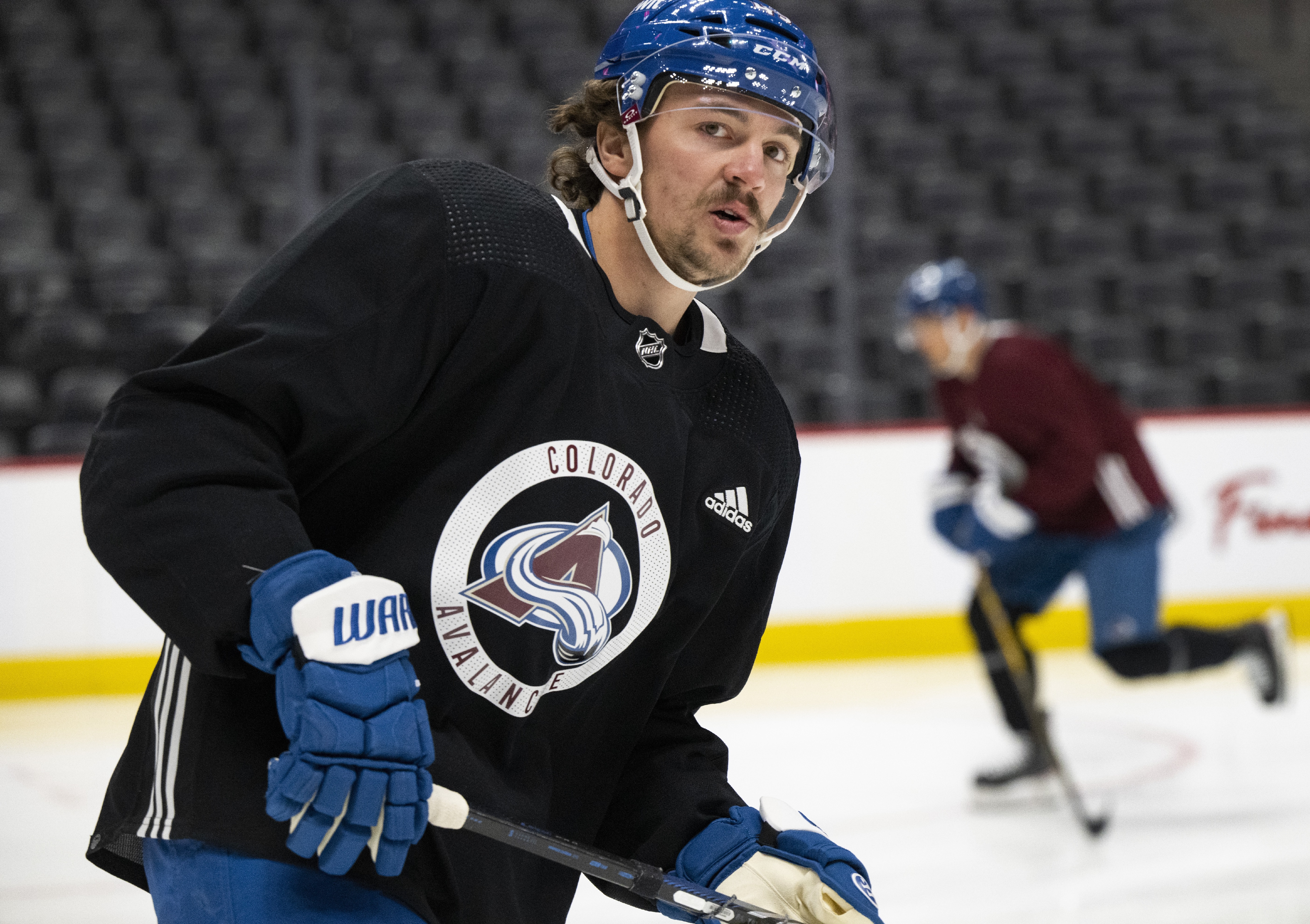 Colorado Avalanche defenseman Samuel Girard (49)skates during practice Monday, Oct. 9, 2023, at Ball Arena in Denver. The Avalanche open their season Wednesday night at the Los Angeles Kings. (The Gazette, Christian Murdock) (Christian Murdock/The Gazette)