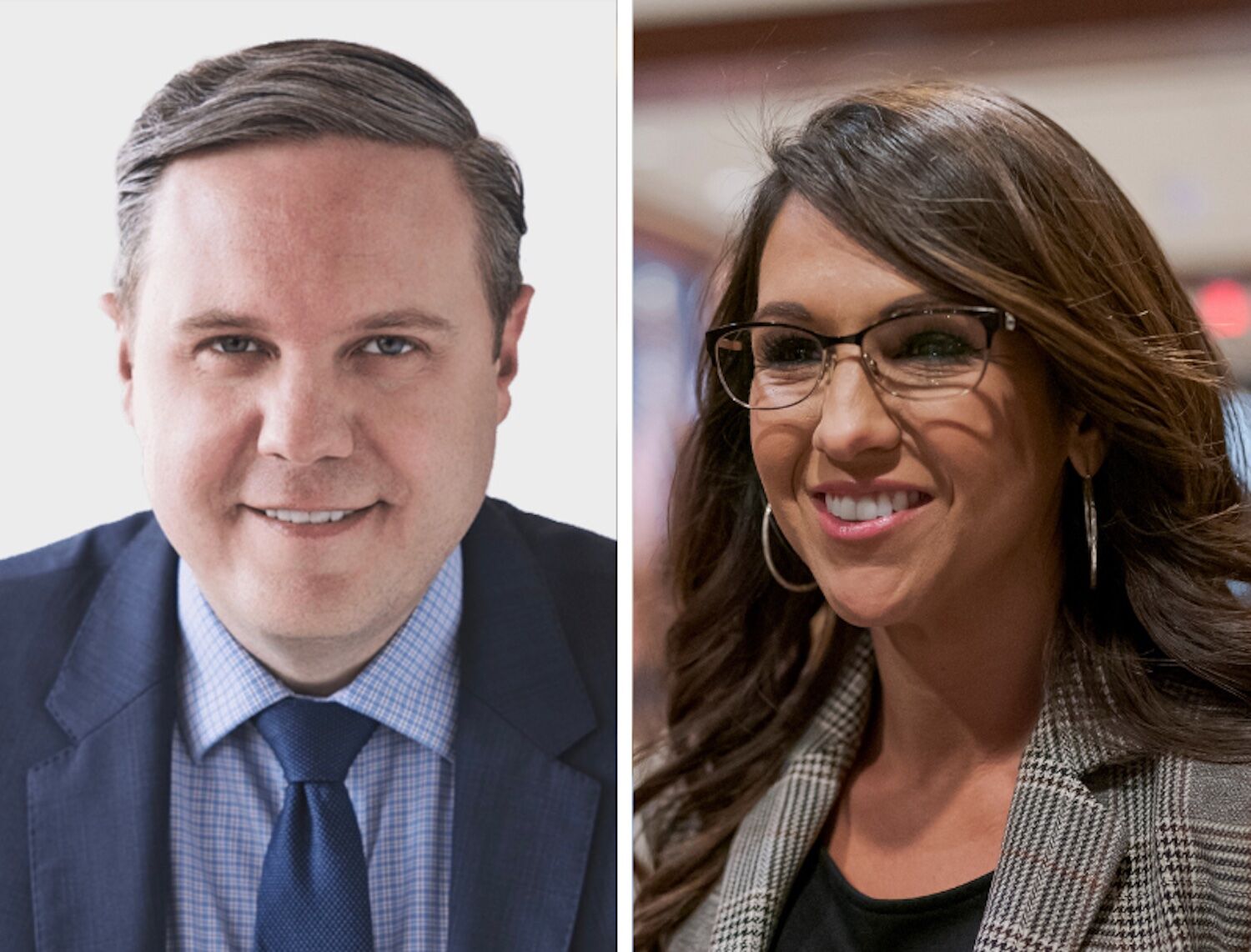 Grand Junction Republican Jeff Hurd, left, announced he's challenging U.S. Rep. Lauren Boebert, right, in the 2024 GOP primary in Colorado's 3rd Congressional District on Wednesday, Aug. 16, 2023. ((Courtesy photo; AP file photo))