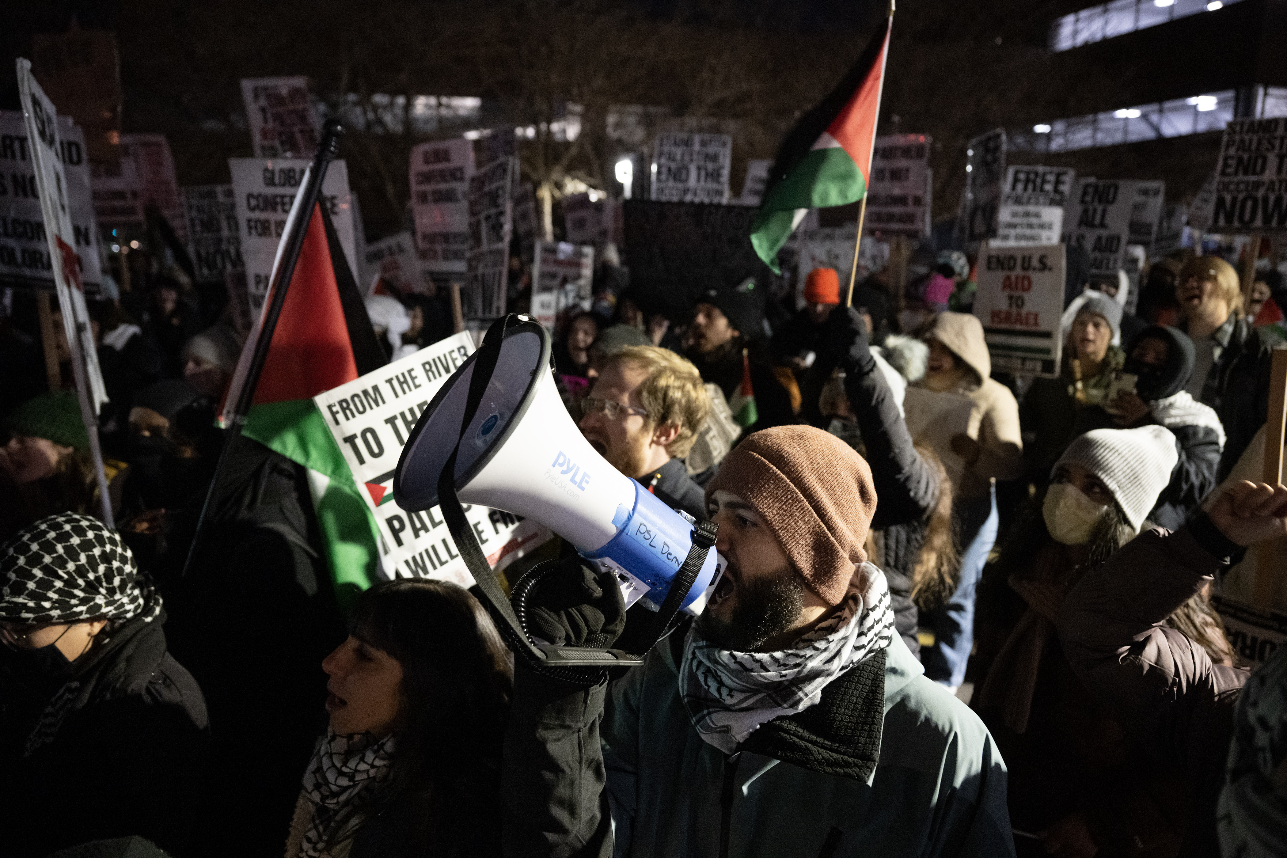Protestor Abdullah Blagha chants over a megaphone during a protest to disrupt the Jewish National Fund-USA’s Global Conference for Israel’s Opening Plenary on Thursday, November 30, 2023, at the Auraria Campus in Denver, Colo. (Timothy Hurst/Denver Gazette) (TimHursttim.hurst@gazette.comhttps://secure.gravatar.com/avatar/aca82bd62b4ee425c598527cd6faa1b1?d=mm&r=g)