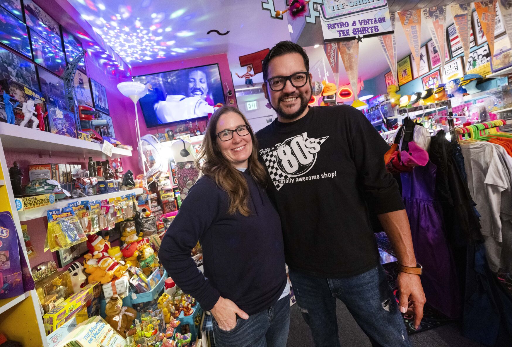 Dede Thompson, pictured Wednesday, Nov. 8, 2023, and Tony Vecchio started Fifty-Two 80s in 2013 as a flashback to the 1980s when they were kids. The store on South Broadway in Denver is everything ’80s with a little ’90s and ’70s mixed in. (photos by Christian Murdock, The DENVER Gazette)