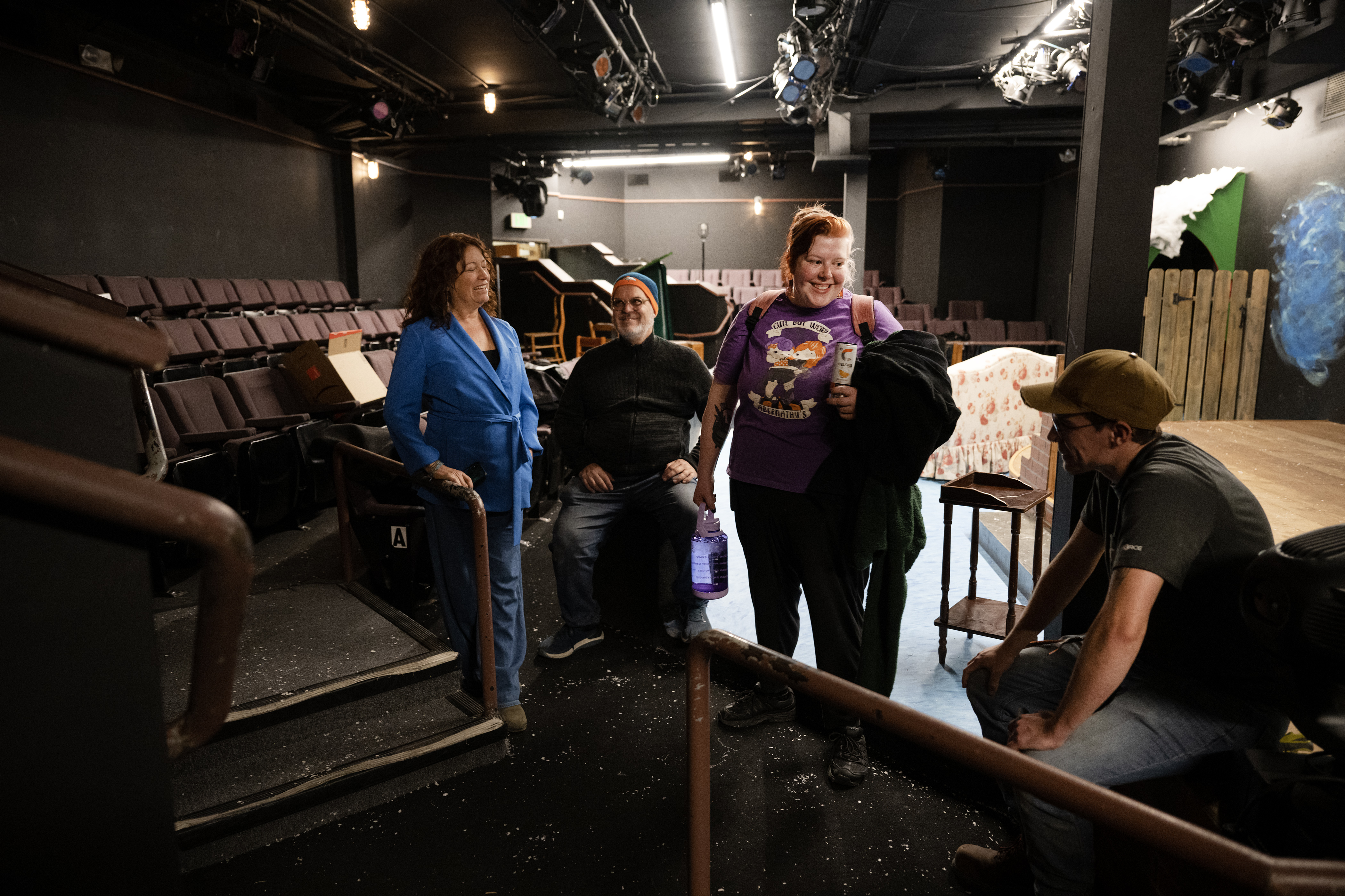 Husband and wife Len Matheo and Lisa DeCaro, left, visit with Lexi Holtzer and Xander Claypool while giving a tour of the space that Miners Alley Playhouse is moving out of as they move their theater a block away to the new Miners Alley Performing Arts Center on Tuesday, Nov. 21, 2023, in Golden, Colo. (Timothy Hurst/Denver Gazette) (TimHursttim.hurst@gazette.comhttps://secure.gravatar.com/avatar/aca82bd62b4ee425c598527cd6faa1b1?d=mm&r=g)