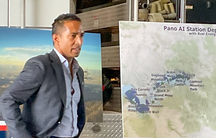 Arvind Satyam, Co-Founder and Chief Commercial Officer of Pano AI, discusses the company's AI-driven remote wildfire detection system being installed at 40 locations in Colorado Nov. 7, 2023.