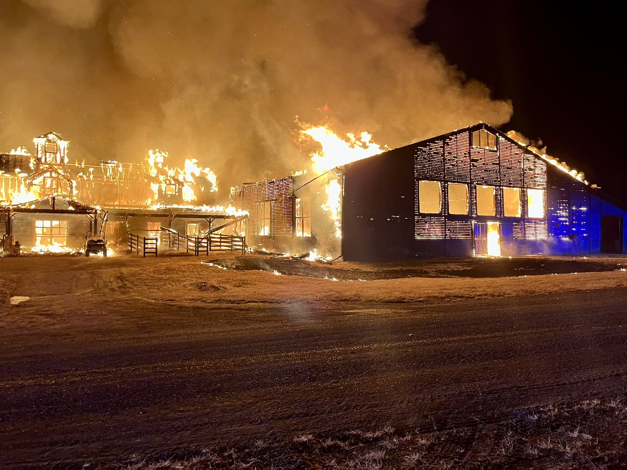 A commercial barn burns after it caught fire in Franktown, Colo., Monday, Nov. 27, 2023. (Courtesy: Douglas County Sheriff's Office)