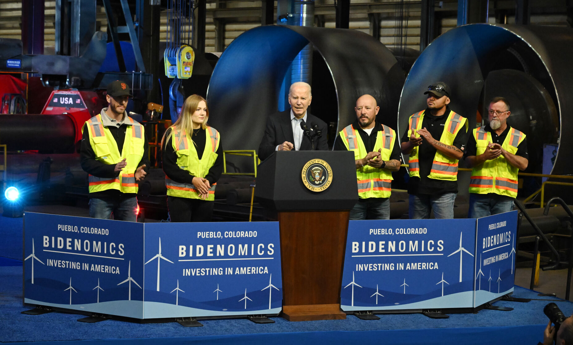 Pres. Joe Biden gives a few remarks after being given a tour of the CS Wind in Pueblo by employees on Wednesday, Nov. 29, 2023. (Photo by Jerilee Bennett, The Gazette)