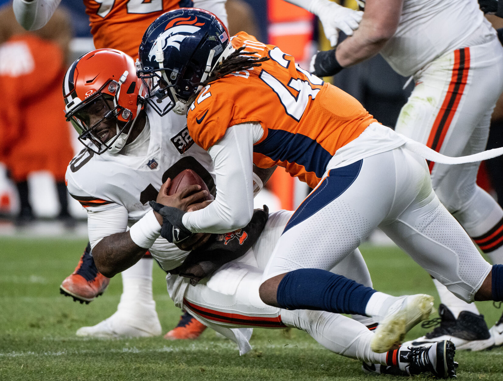 Denver Broncos linebacker Nik Bonitto (42) sacks Cleveland Browns quarterback PJ Walker (10) in the second half of a game on Sunday, Nov. 26, 2023, at Empower Field at Mile High in Denver, Colo. (Parker Seibold, The Gazette) (Parker Seibold)