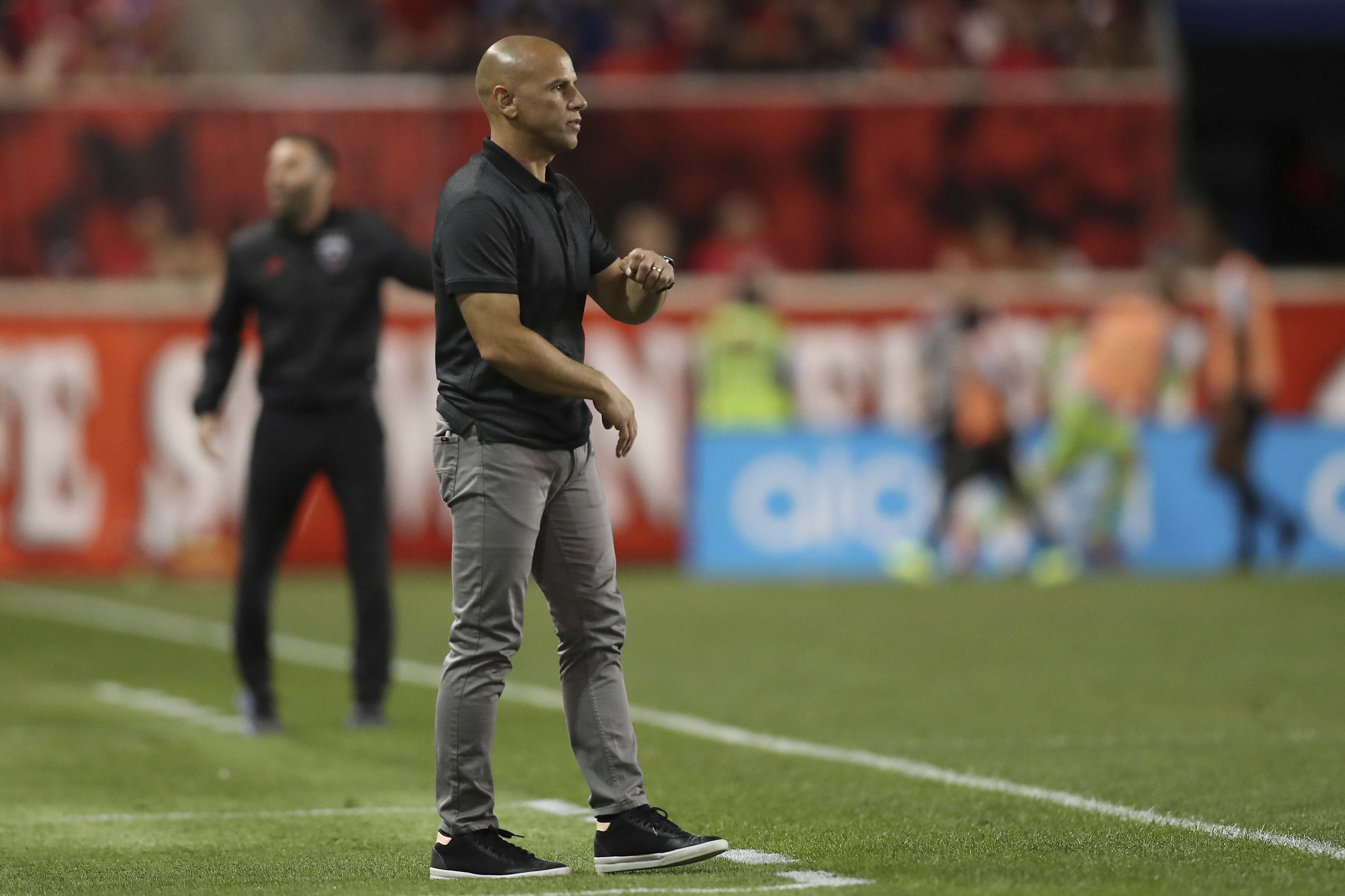 New York Red Bulls head coach Chris Armas watches his team from the sideline during the second half of an MLS soccer match against D.C. United, Sunday, Sept. 29, 2019, in Harrison, N.J. The match ended in a 0-0 draw. (AP Photo/Steve Luciano) (Steve Luciano)