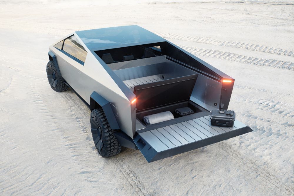 The bed on the Tesla Cybertruck is lockable with a purported 3,500 pounds of payload capacity and 100 cubic feet of storage room. (Press images courtesy of Tesla Motors)