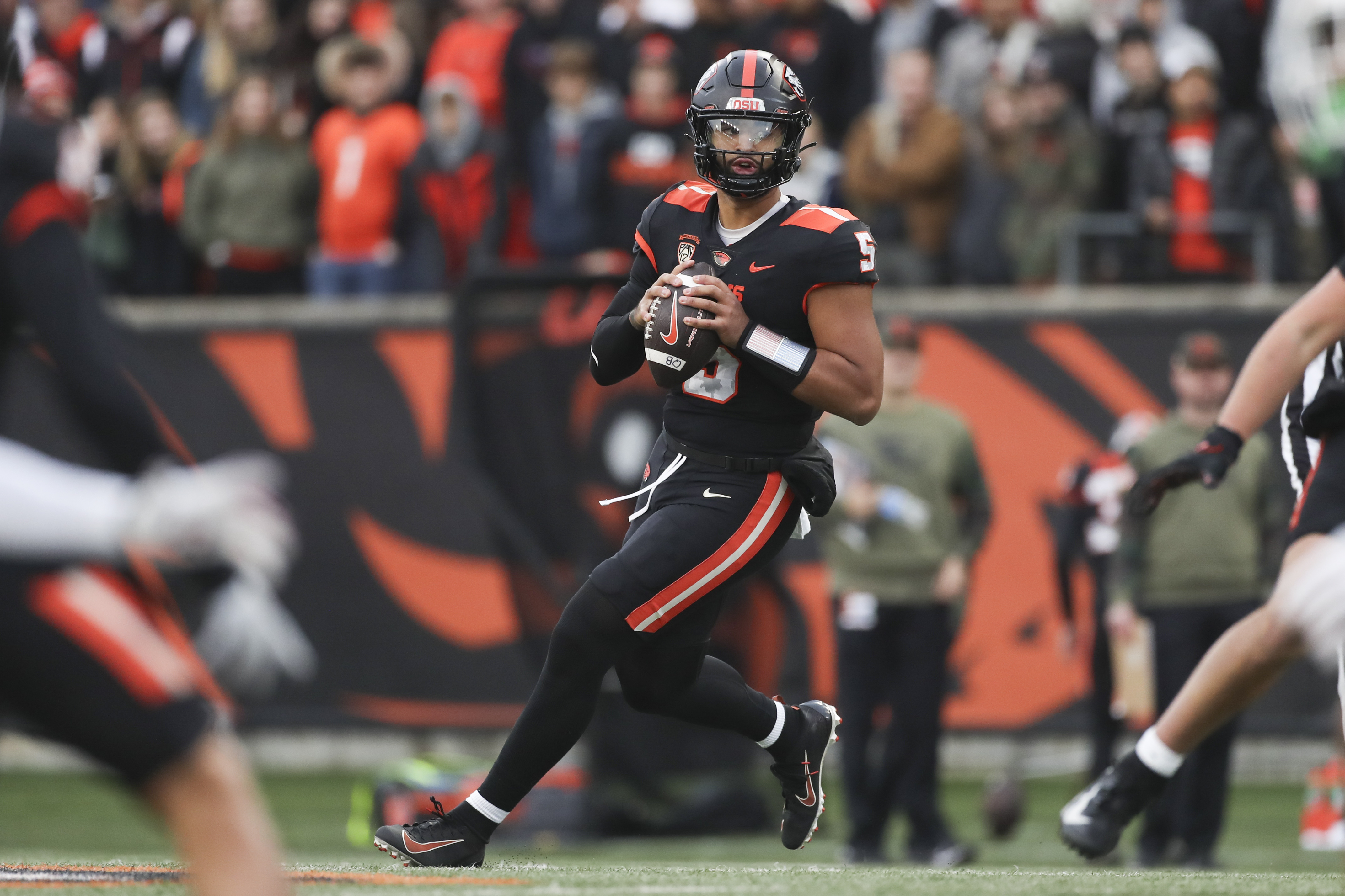 Oregon State quarterback DJ Uiagalelei looks to pass against Stanford during the first half of an NCAA college football game Saturday, Nov. 11, 2023, in Corvallis, Ore. (AP Photo/Amanda Loman) (Amanda Loman)