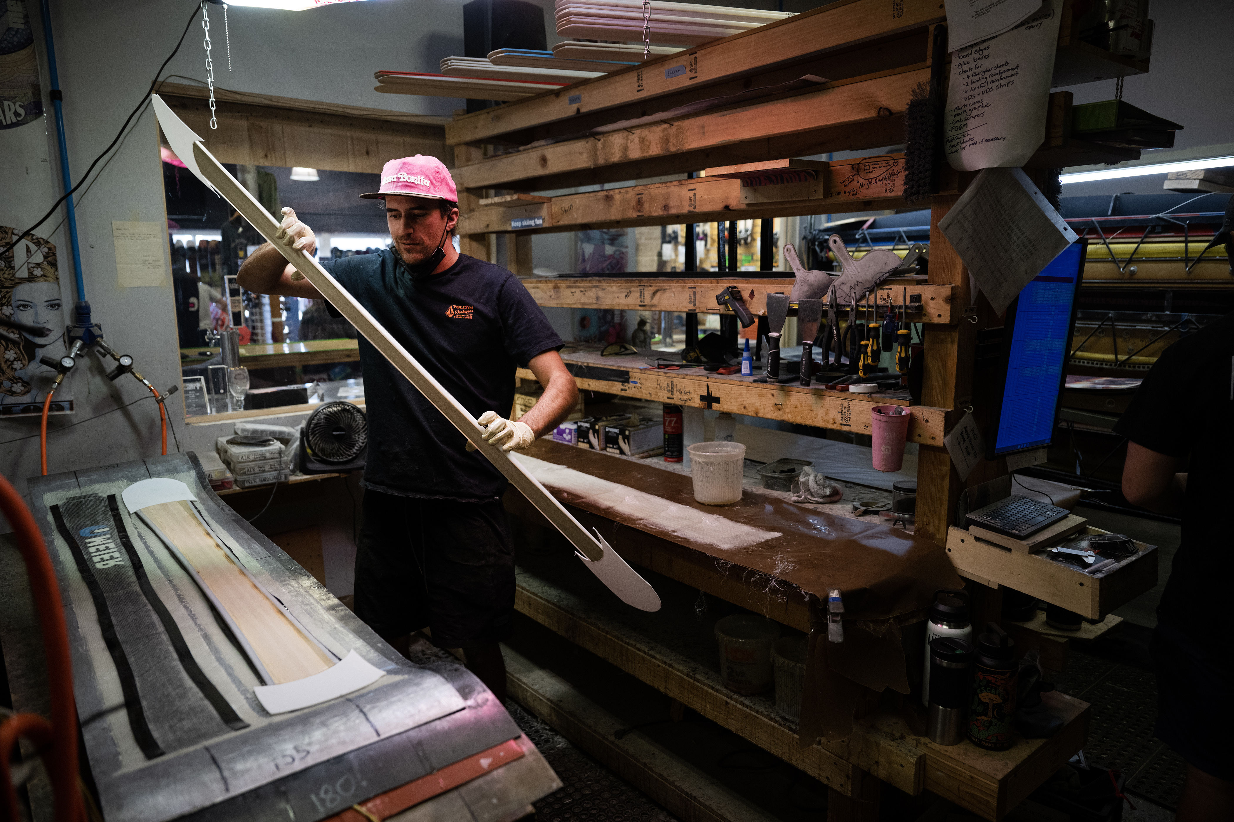 Production technician James Ferrara sets the wood cores onto layers of fiberglass and carbon fiber, all adhered by epoxy, while laying up a set of Quickdraw skis on Tuesday, Nov. 14, 2023, at Meier Skis in Denver, Colo. (Timothy Hurst/Denver Gazette) (TimHursttim.hurst@gazette.comhttps://secure.gravatar.com/avatar/aca82bd62b4ee425c598527cd6faa1b1?d=mm&r=g)