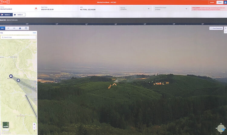 Video still photo of Pano AI camera detecting and locating smoke plume (Courtesy Pano AI)