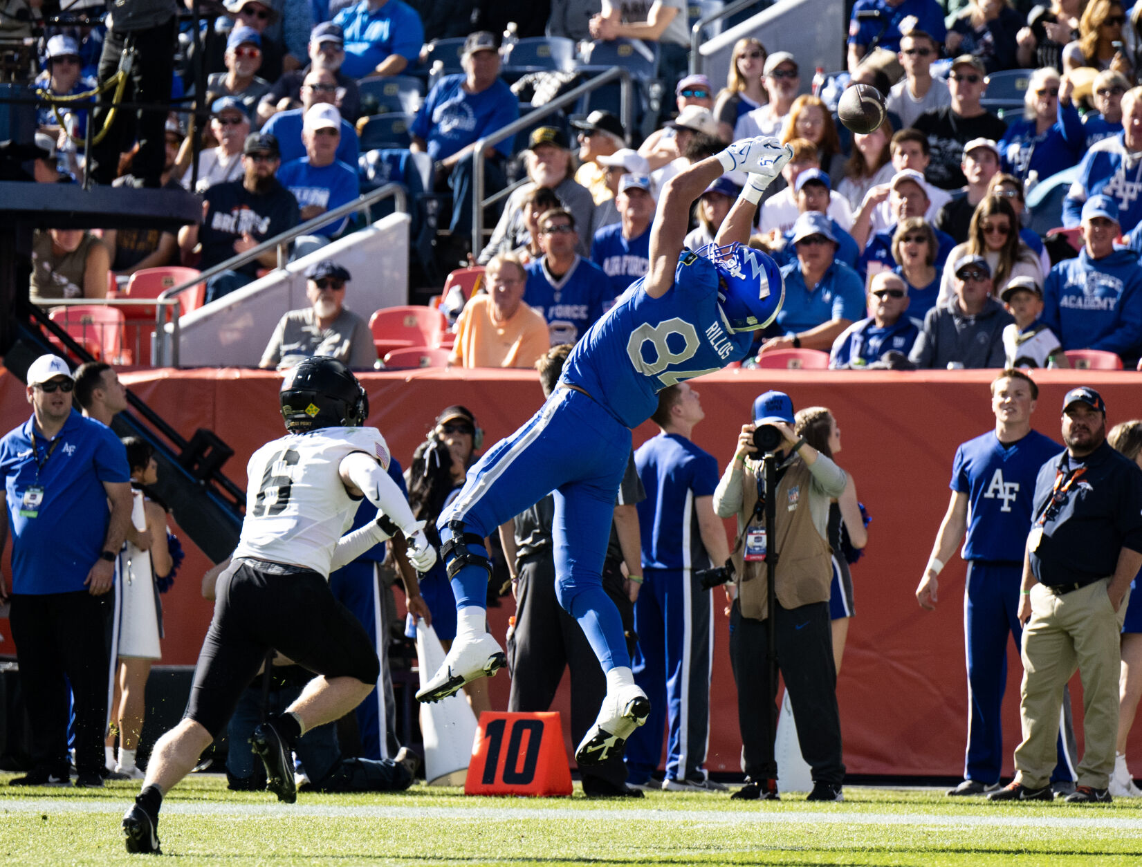 Air Force Falcons tight end Caleb Rillos (84) misses a catch near the end zone in the first half of an NCAA college football game against the Army Black Knights on Saturday, Nov. 4, 2023, at Empower Field at Mile High in Denver, Colo. (Parker Seibold, The Gazette) (Parker Seibold)