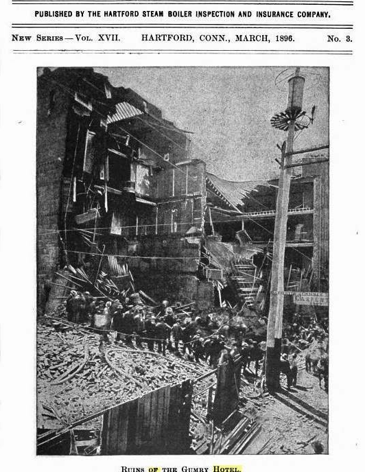 The ruins of the Gumry Hotel at 1725 Lawrence St. in Denver after a steam boiler explosion on August 19, 1895. (Courtesy of The Hartford Steam Boiler Inspection and Insurance Company)