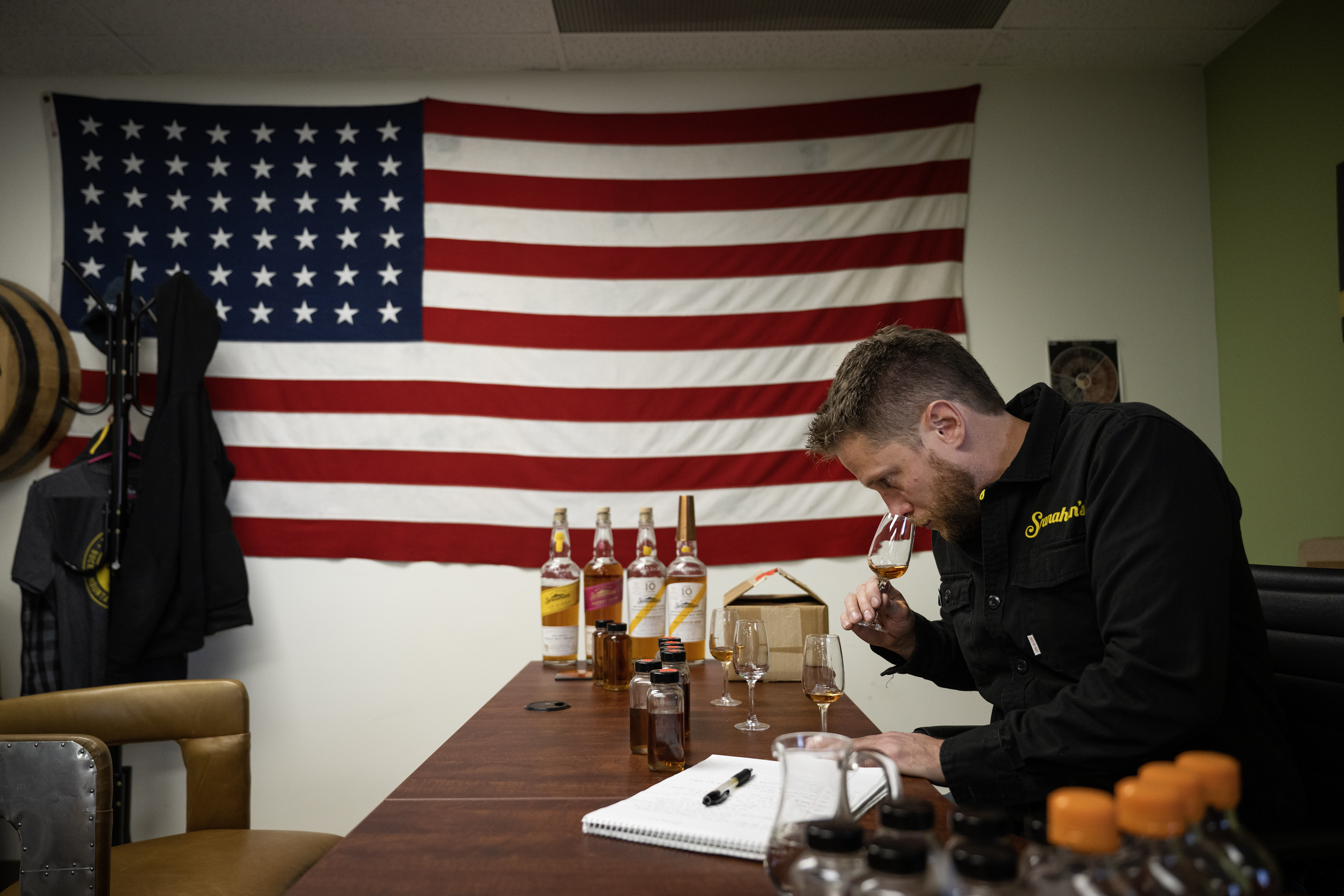 Stranahan's Whiskey Distillery head blender Justin Aden smells a sample of whiskey while blending and taking notes in his office on Thursday, Nov. 9, 2023, in Denver, Colo. (Timothy Hurst/Denver Gazette) (TimHursttim.hurst@gazette.comhttps://secure.gravatar.com/avatar/aca82bd62b4ee425c598527cd6faa1b1?d=mm&r=g)