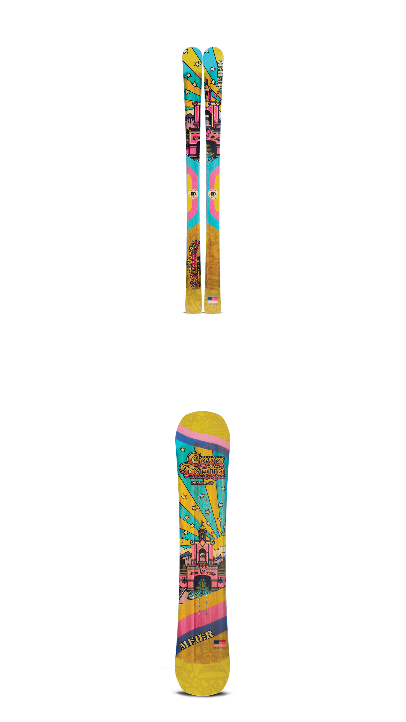 A pair of custom skis or custom snowboard with Casa Bonita-themed graphics created by Colorado craft skiery Meier Skis is being offered in a limited edition run of 500 total units. (Courtesy, Meier Skis)