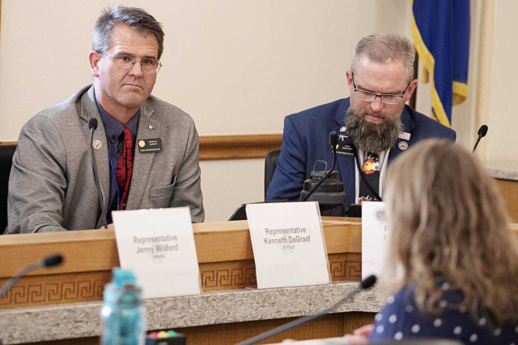Colorado State Representatives, Kenneth DeGraaf, left, and Ryan Armagost listen to public testimony over several tax related bills while in committee at the Colorado State Capitol on Friday, Nov. 17, 2023 in Denver. Gov. Jared Polis has convened a special session to tackle soaring property taxes on Nov. 17, 2023. (PHOTO: Tom Hellauer/Colorado Politics) (TomHellauerMultimedia Producertom.hellauer@denvergazette.comhttps://denvergazette.com/content/tncms/avatars/f/9e/622/f9e6228a-3b6b-11ed-bf10-fbb71fa8e421.f54b911252c540f1d61709edc4727a39.png)